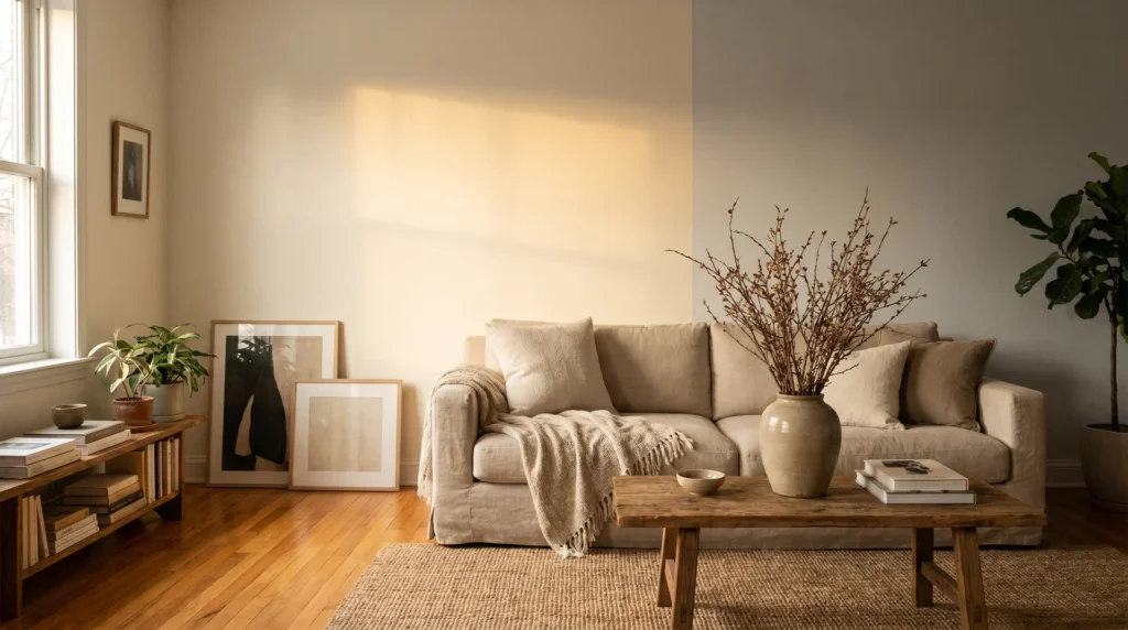 Soft greige living room with City Loft SW 7631 walls, linen sofa, and warm oak floors in afternoon light.