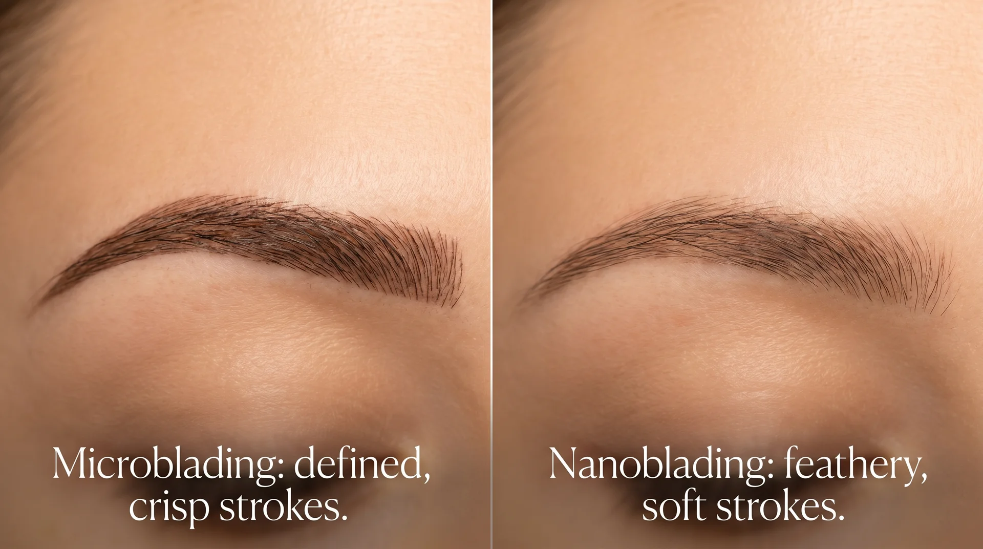 Split close-up comparing microblading crisp brow strokes on the left to nanoblading feathery fine strokes on the right