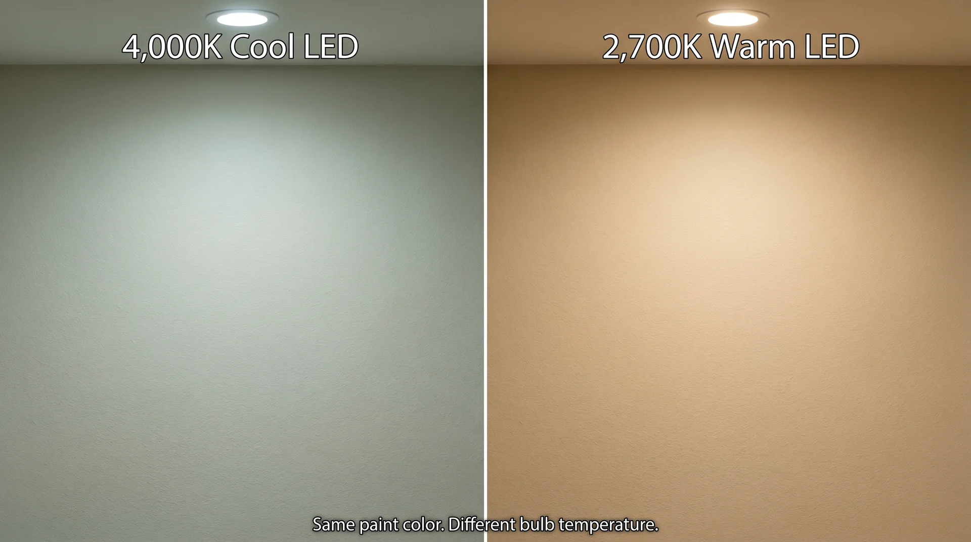 Split comparison showing Accessible Beige reading gray-green under cool LED light versus warm beige under 2,700K warm LED

