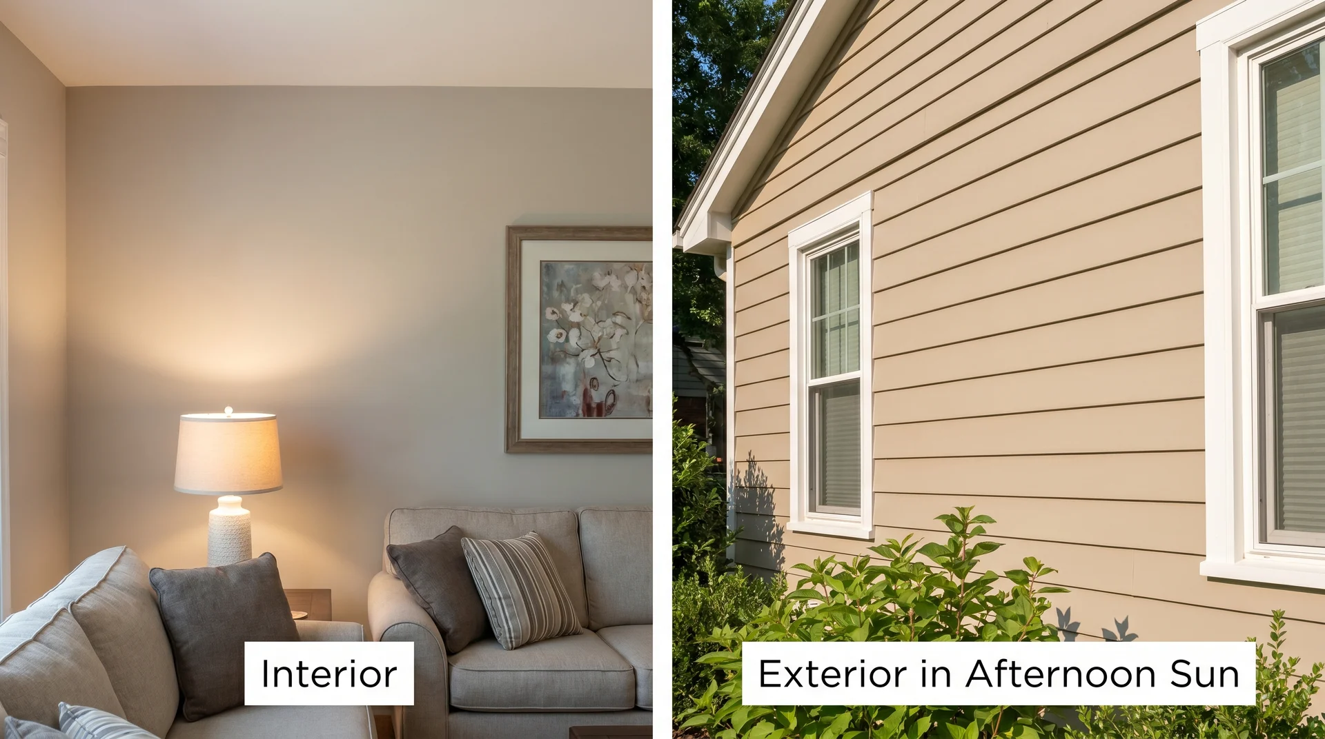 Split comparison showing Pale Oak paint color reading as soft greige indoors versus warmer beige on an exterior wall in afternoon sun
