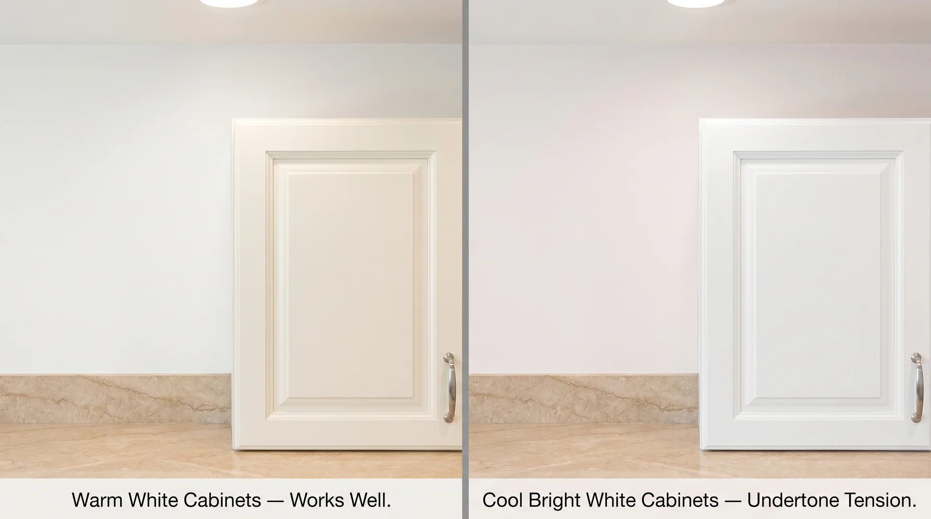 Split comparison showing Snowbound SW 7004 walls with warm white cabinets on the left versus cool bright white cabinets on the right, illustrating undertone tension.
