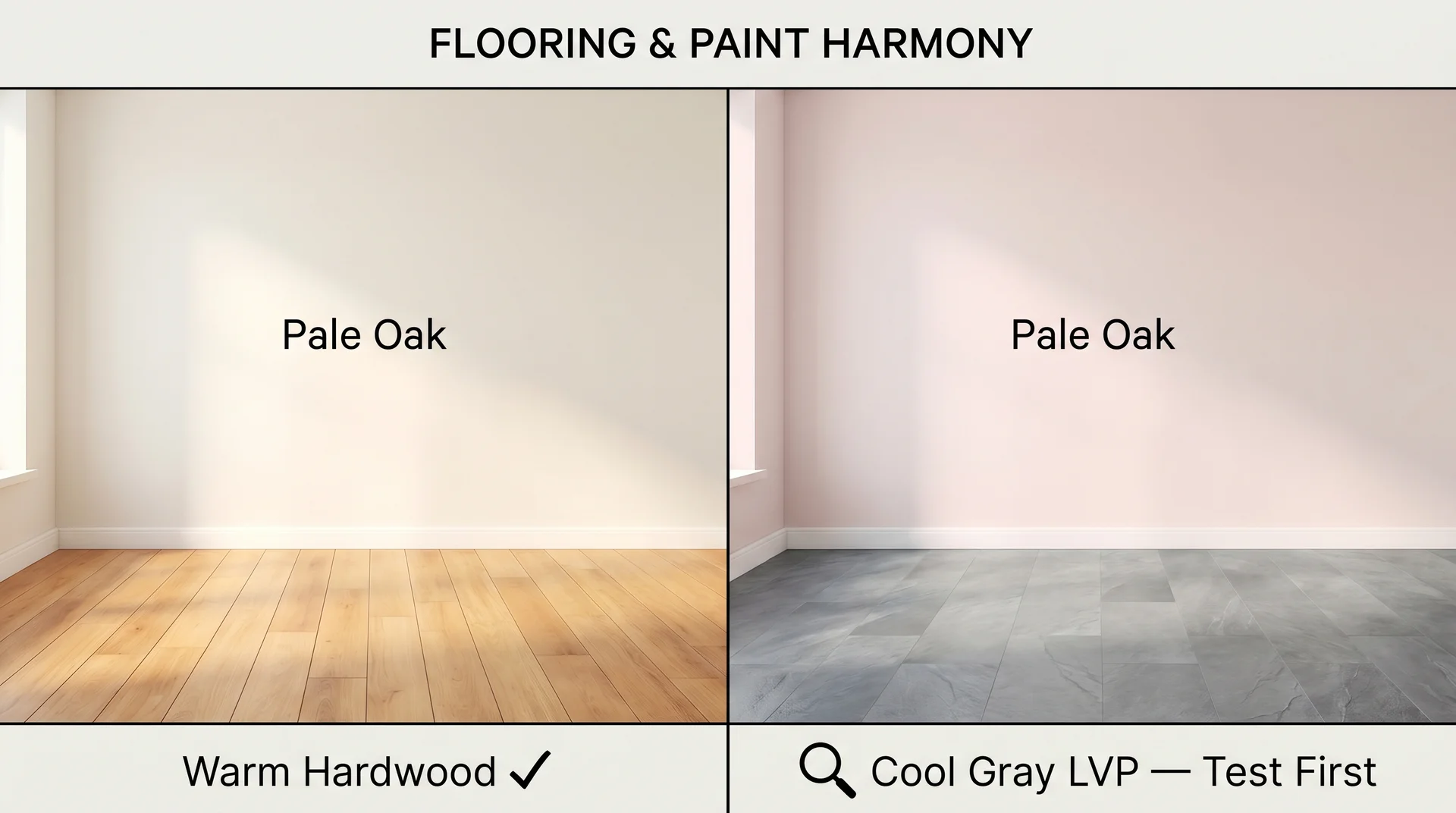 Split diagram comparing Pale Oak paired with warm hardwood versus cool gray LVP flooring showing undertone effect
