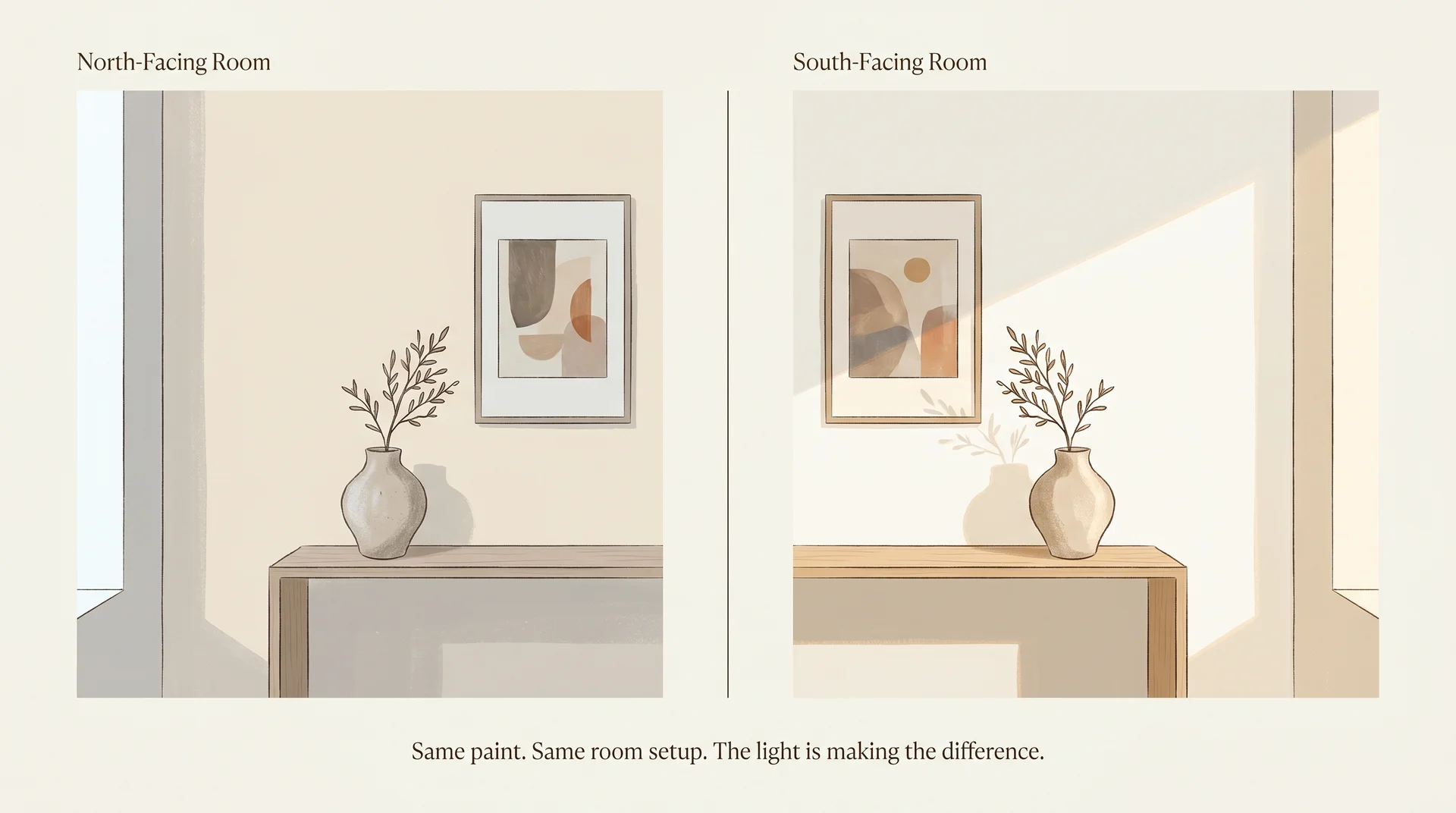Split illustration comparing White Dove OC-17 in a north-facing room versus a south-facing room showing undertone difference 