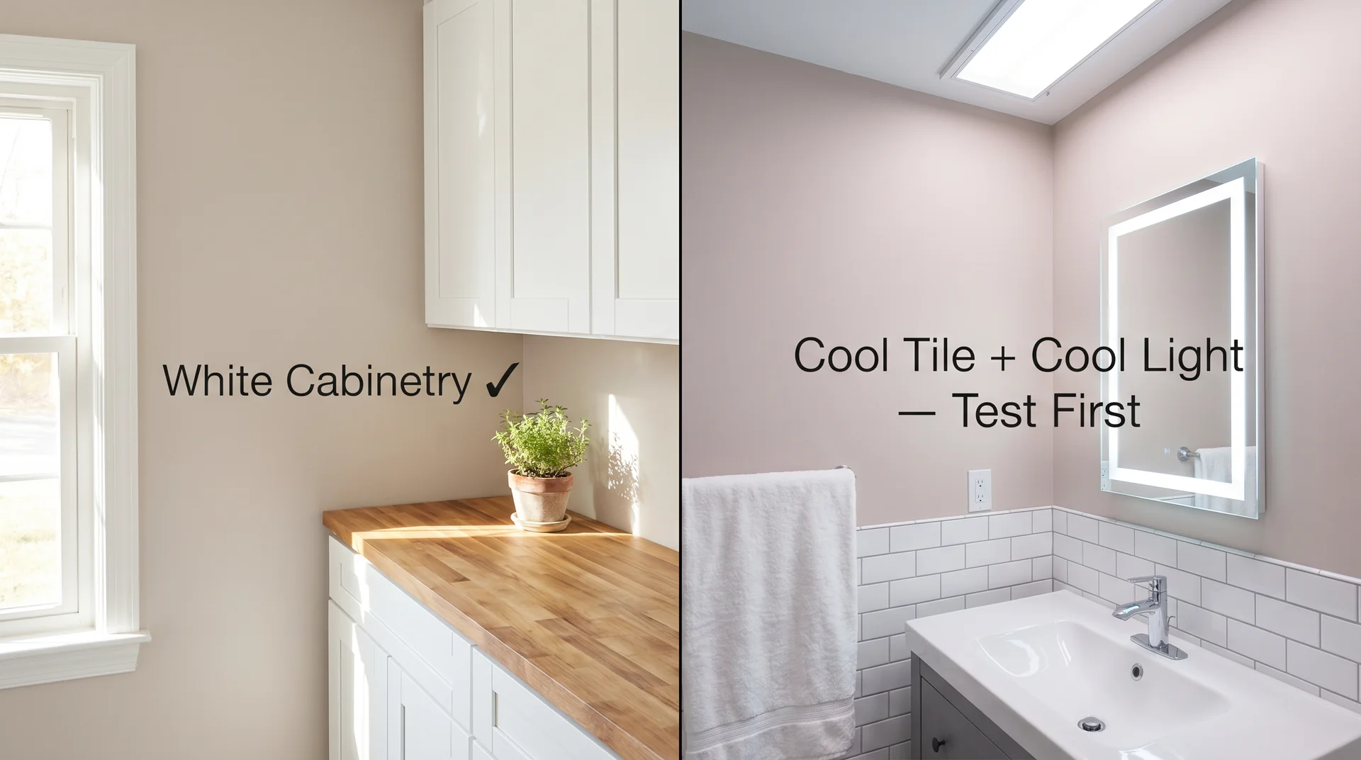Split showing Pale Oak on kitchen walls with white cabinets versus bathroom with cool tile where pink undertone appears more strongly