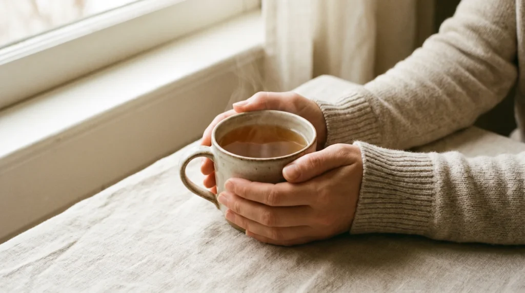 Steaming mug of herbal detox tea held in both hands on a linen surface in soft natural light.