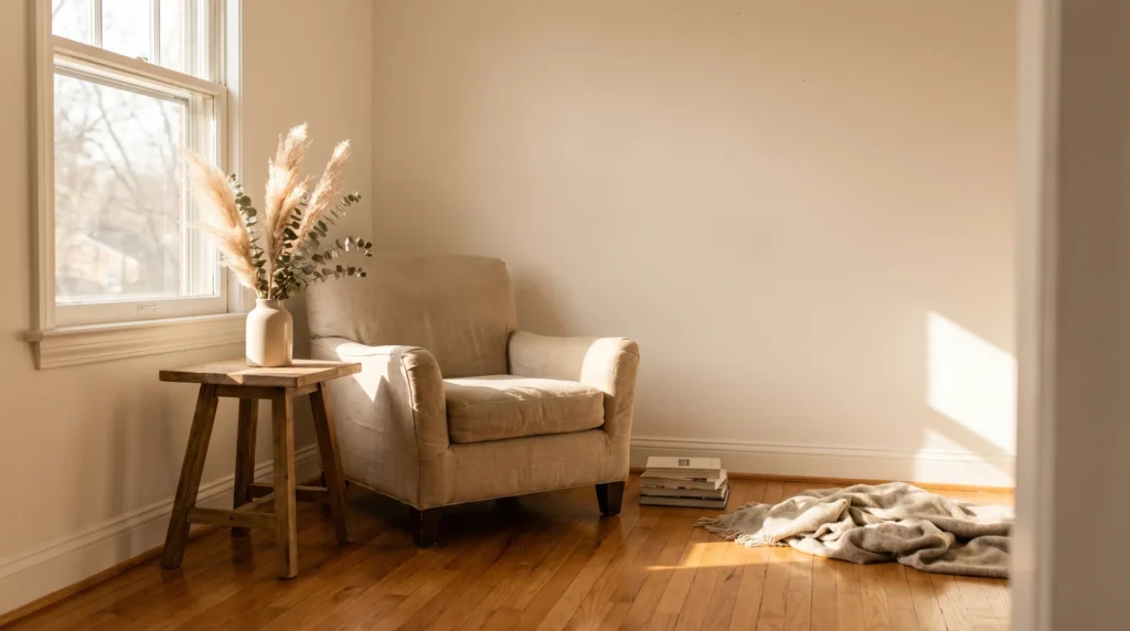 Sunlit living room with soft white Snowbound walls, oak floors, and linen armchair in warm afternoon light.
