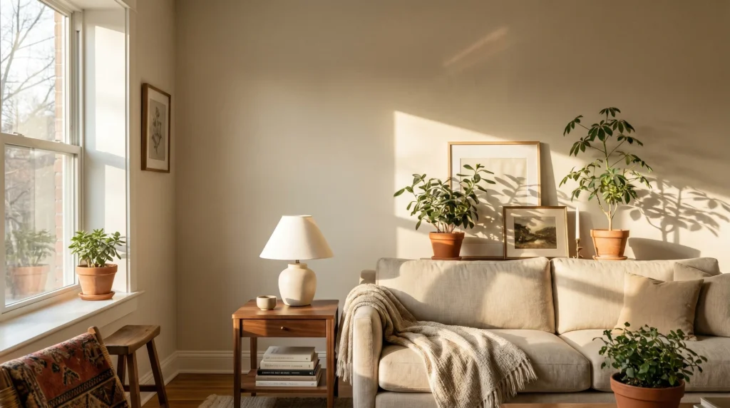 Sunlit living room with walls painted in Benjamin Moore Pale Oak OC-20 warm greige, linen sofa and walnut furniture