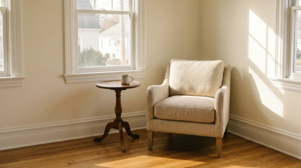 Sunlit room corner with off white painted walls, linen armchair, and warm oak floors showing warm undertone in afternoon light
