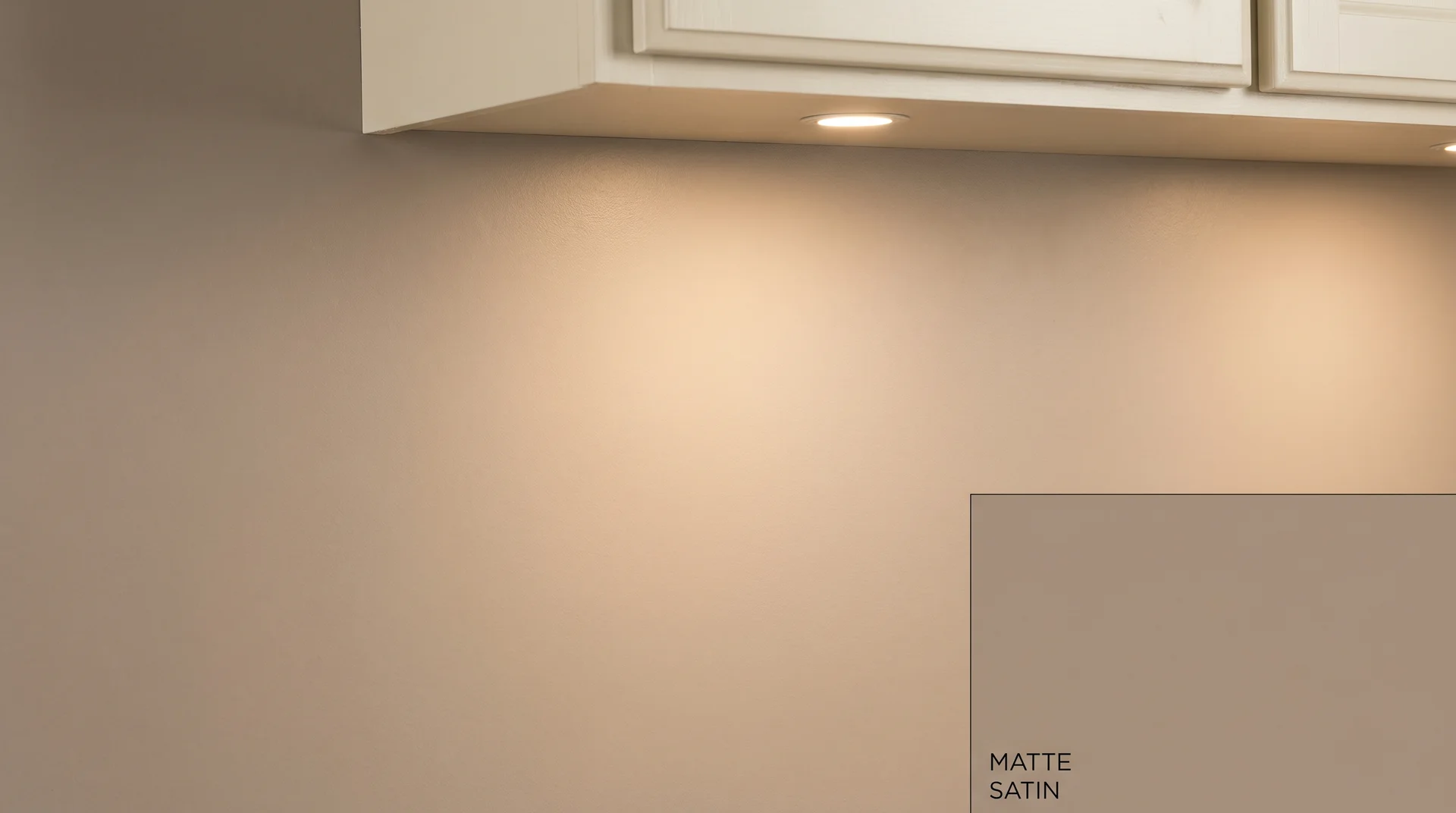 Taupe kitchen wall in satin finish under warm recessed lighting with a corner comparison showing the same color in matte 