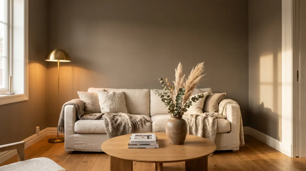 Taupe-painted living room with warm oak floors, cream linen sofa, and brass lamp in afternoon light