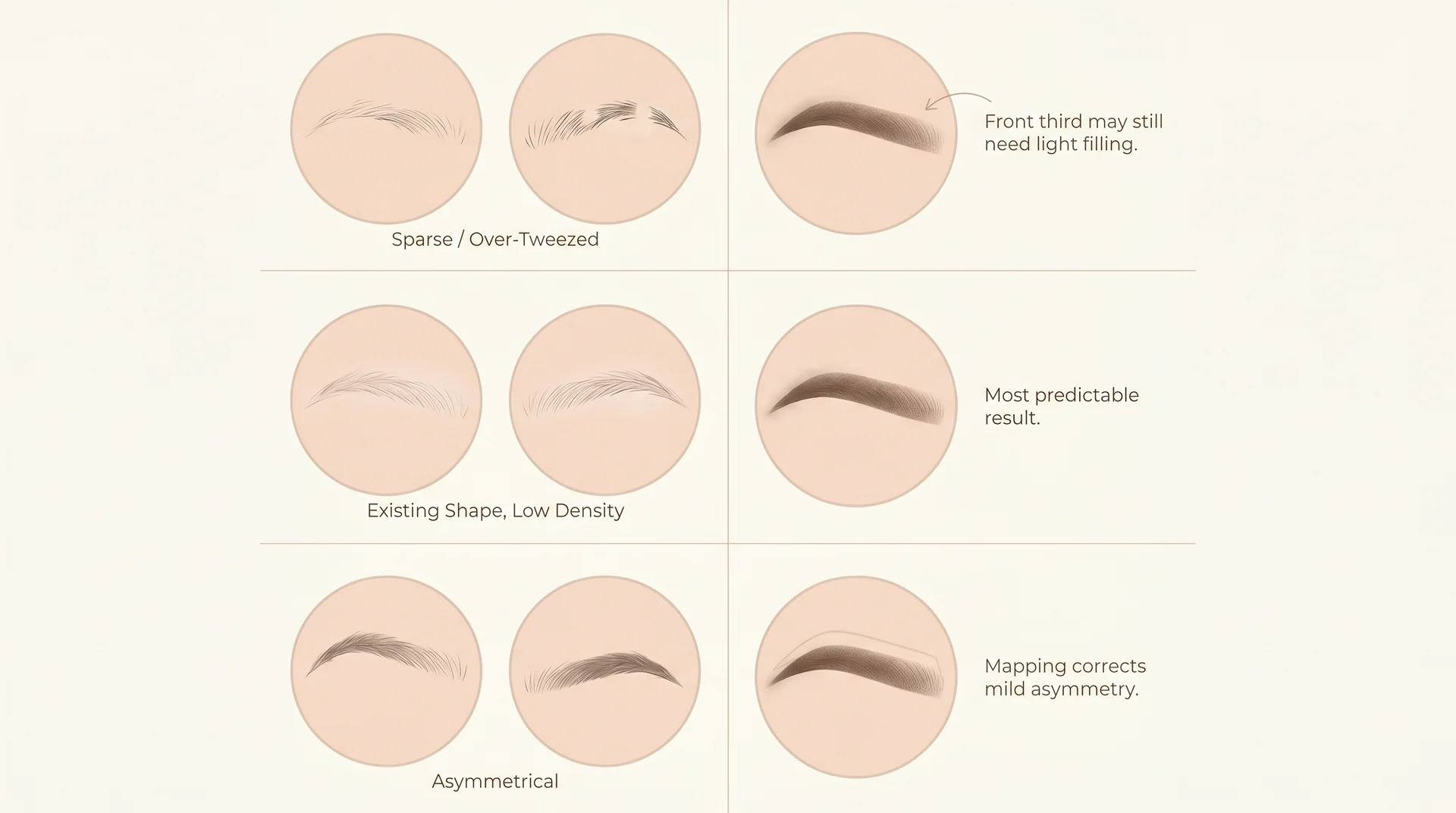 Three before-and-after ombre powder brow panels showing results for sparse, low-density, and asymmetrical starting brow conditions