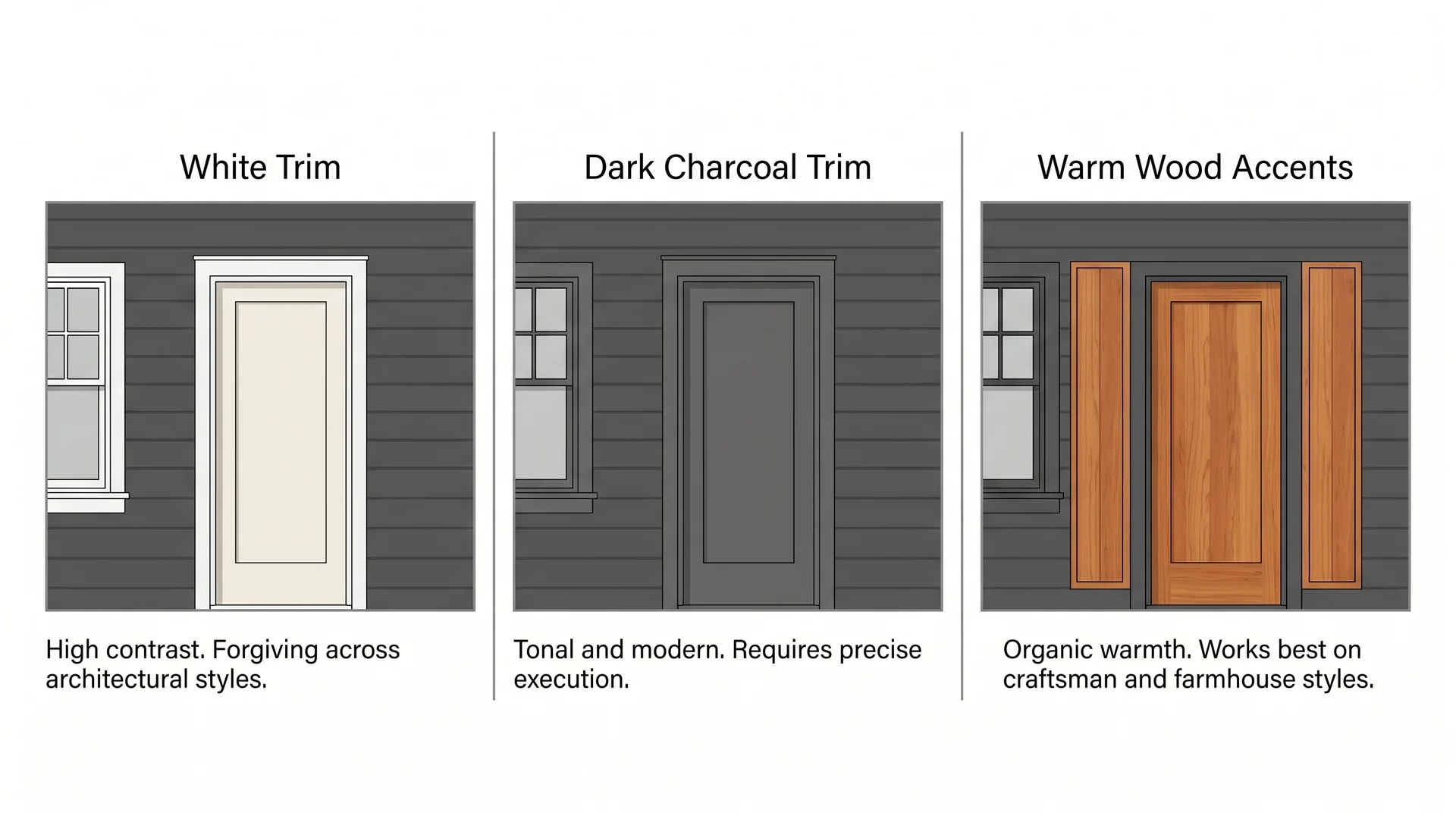 Three-panel diagram comparing Iron Ore exterior siding with white trim, dark charcoal trim, and warm wood accent door options

