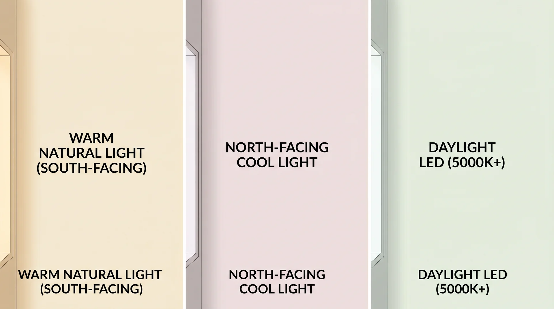 Three-panel diagram showing Pale Oak OC-20 undertone shift from beige to pink to faint green across different lighting conditions

