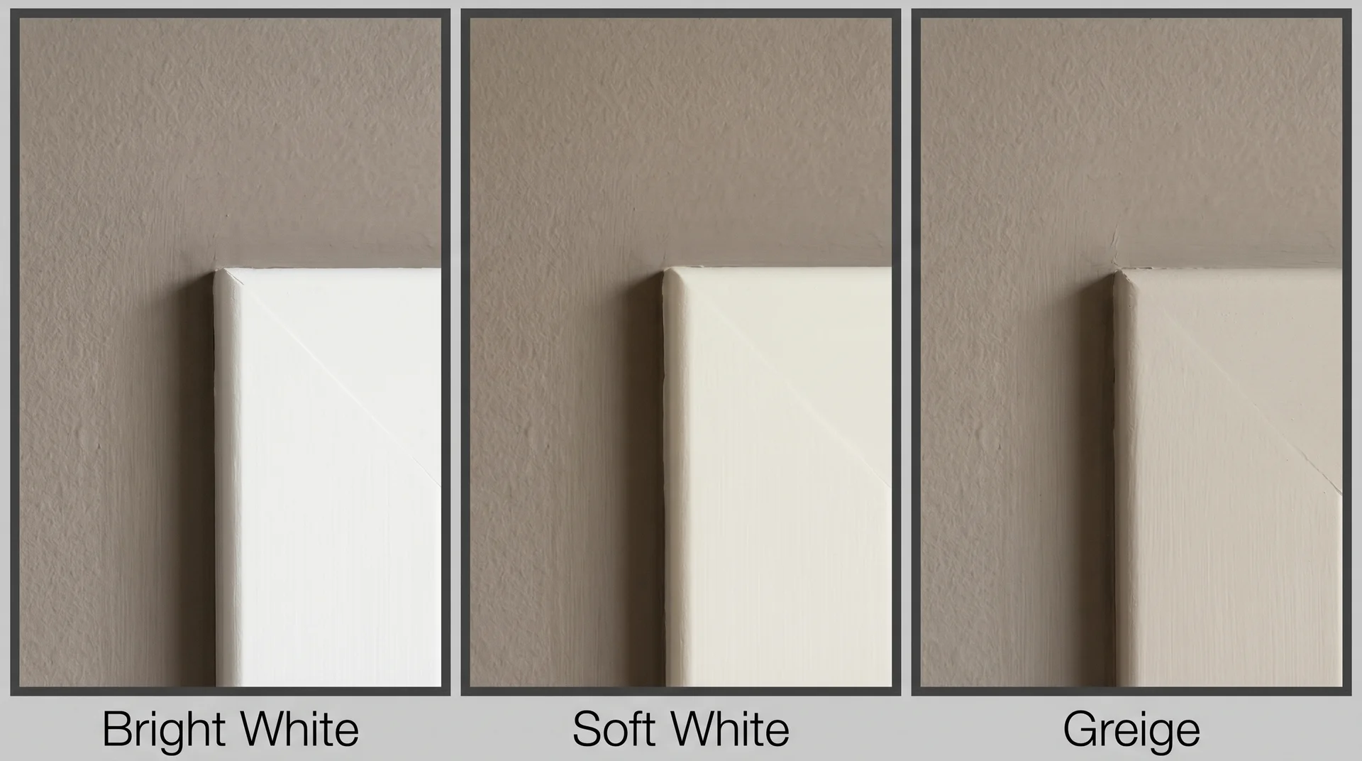 Three-panel trim comparison showing taupe walls against bright white, soft white, and greige trim options at close range
