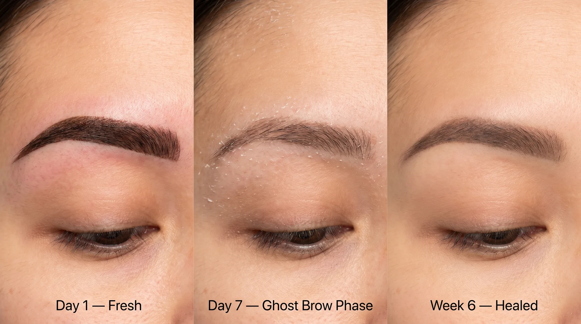 Three-stage ombre powder brow progression showing day-one dark fresh result, day-seven ghost brow phase, and week-six healed result
