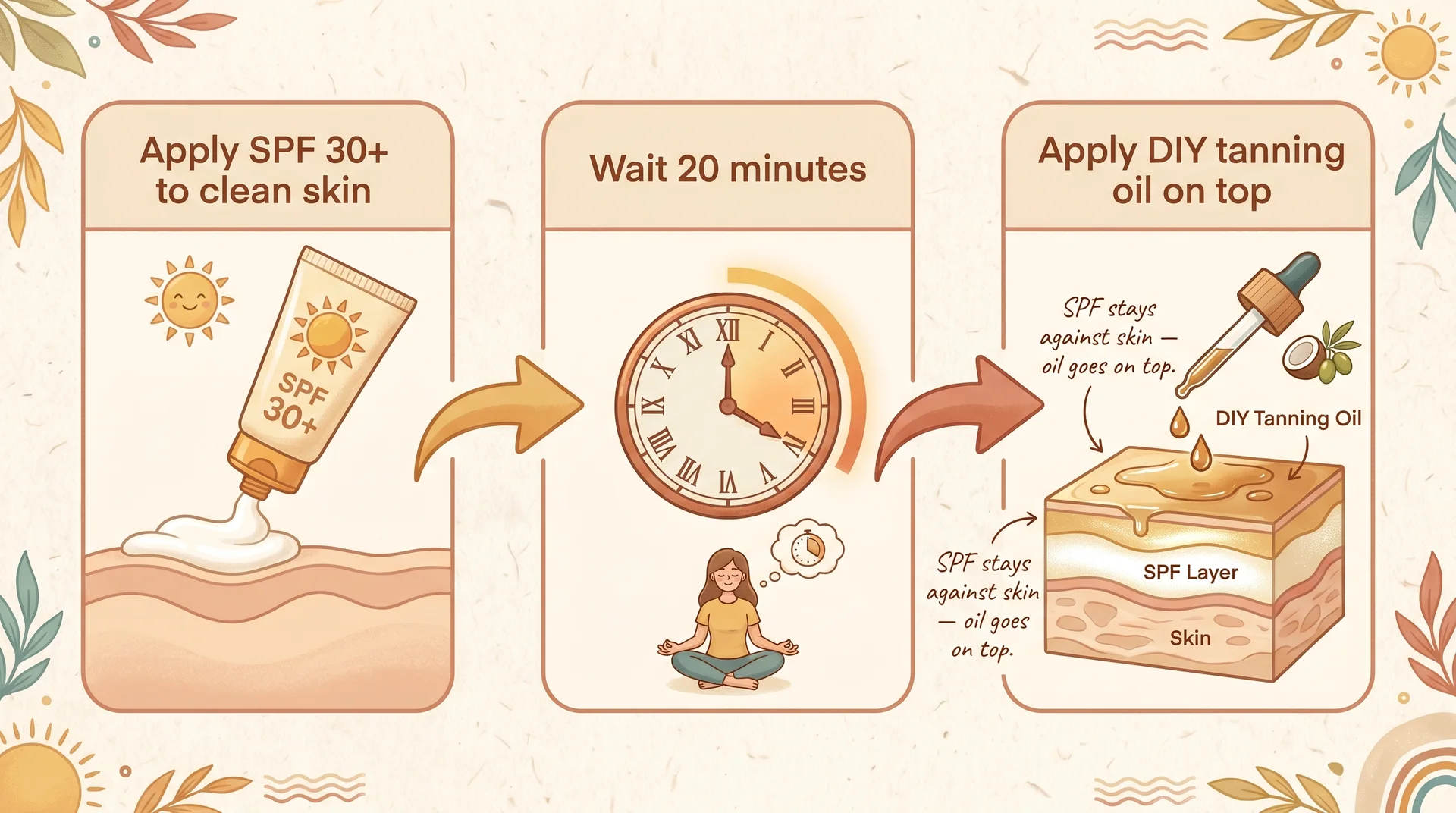 Three-step diagram for layering SPF and DIY tanning oil correctly: sunscreen first, wait 20 minutes, then apply oil