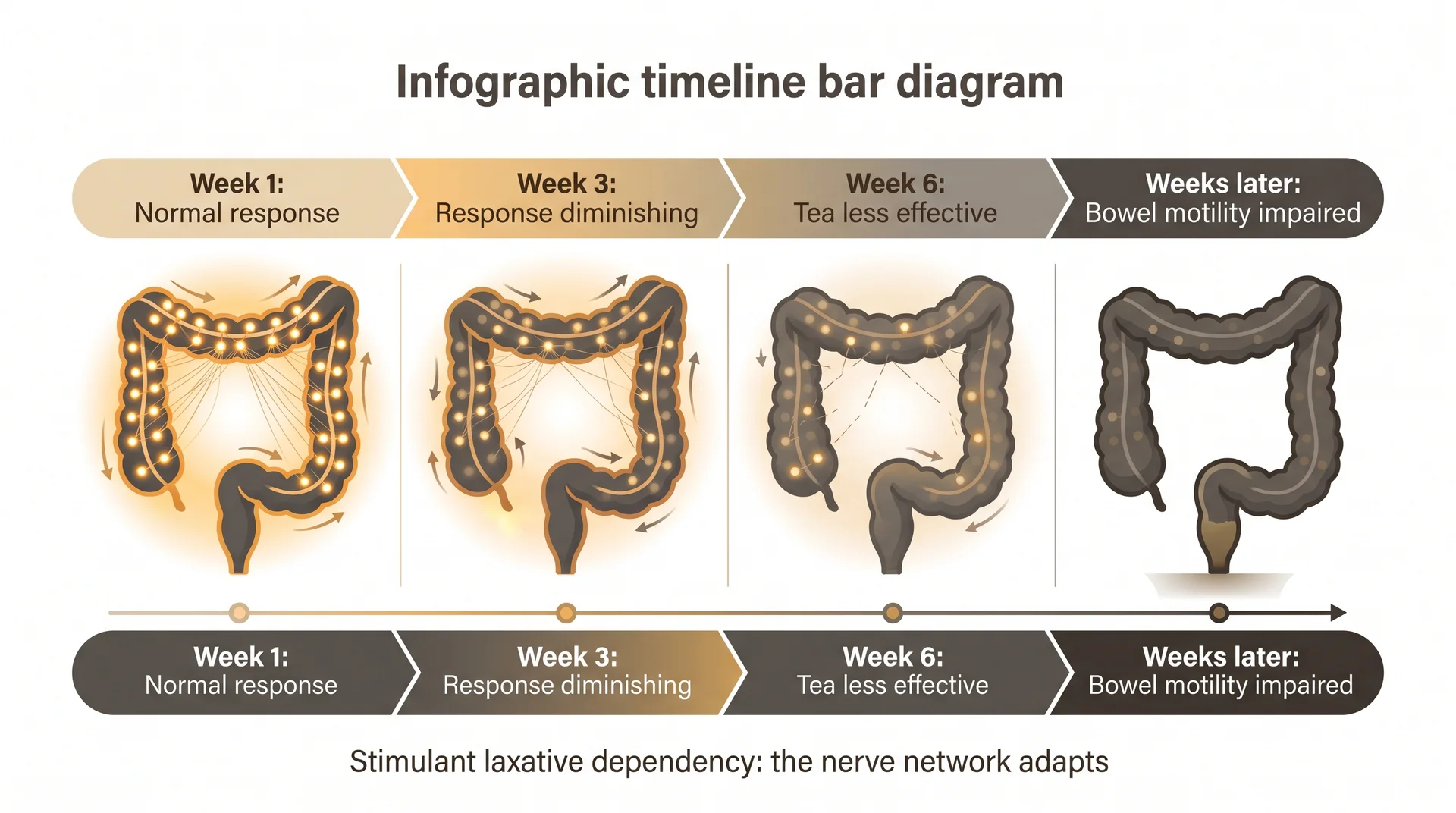 Timeline diagram showing how regular senna use progressively reduces colon nerve responsiveness, leading to stimulant laxative dependency.