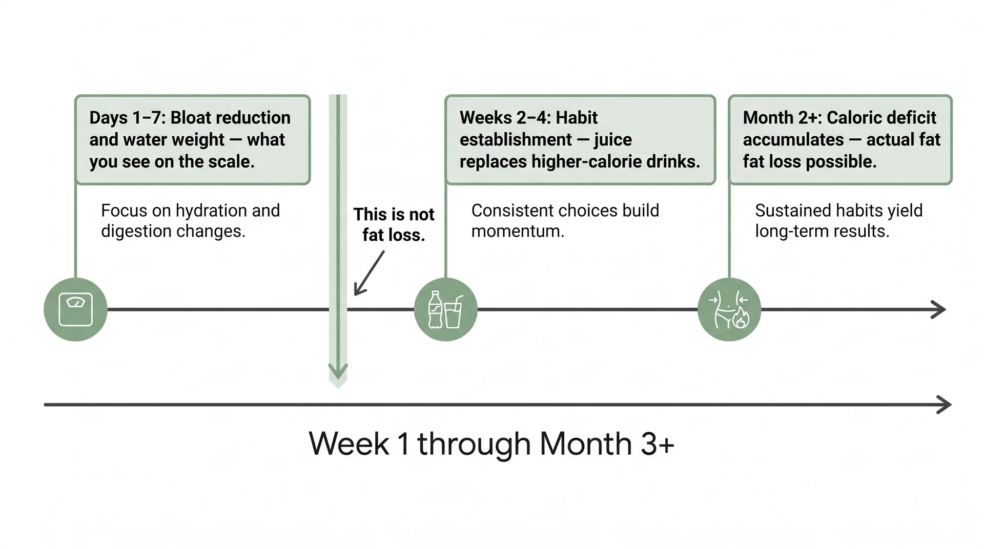 Timeline diagram showing the difference between week-one bloat reduction and longer-term fat loss from a daily juice routine