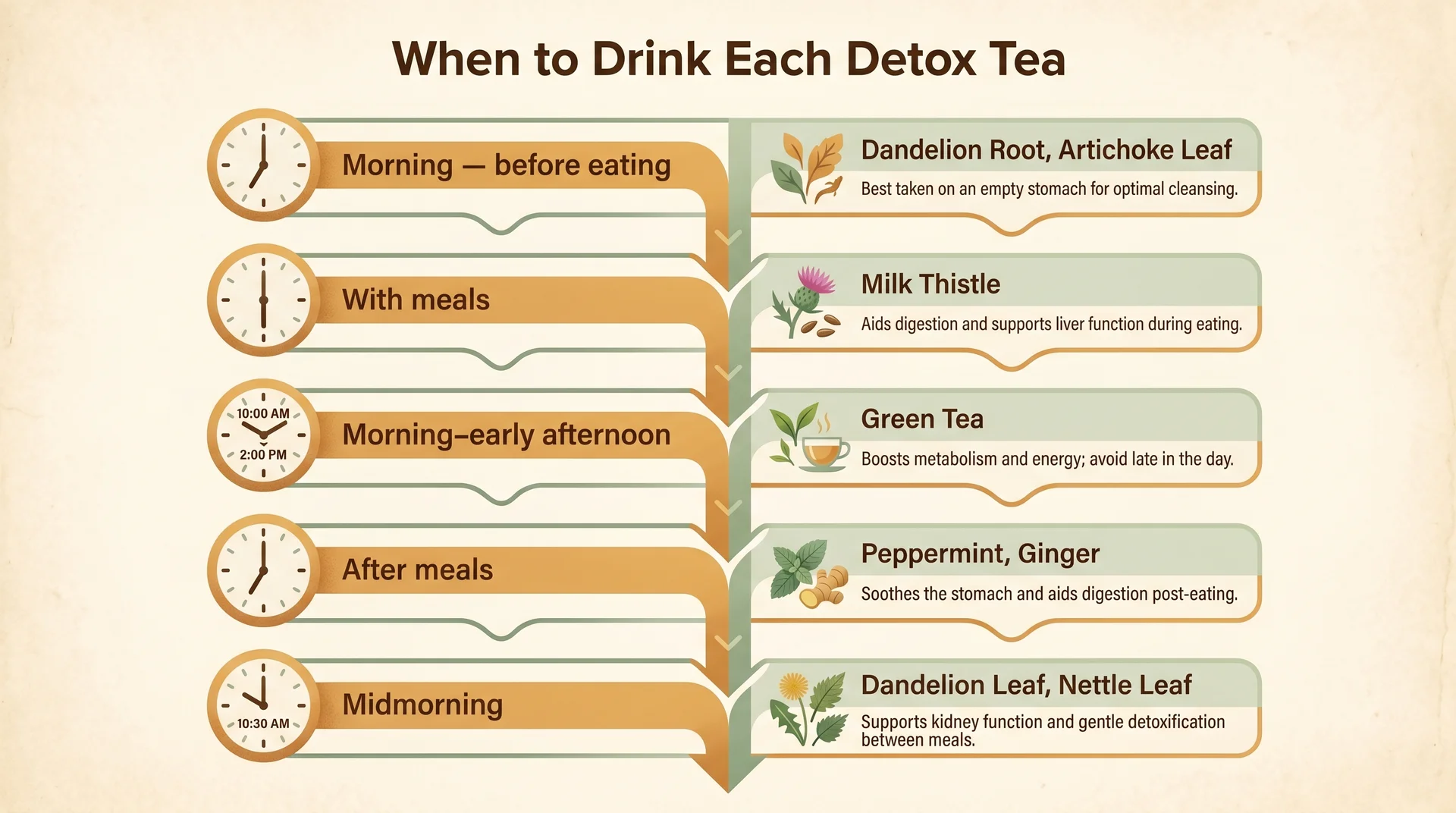 Timing guide showing the best time of day to drink each detox tea based on its active compounds and mechanism