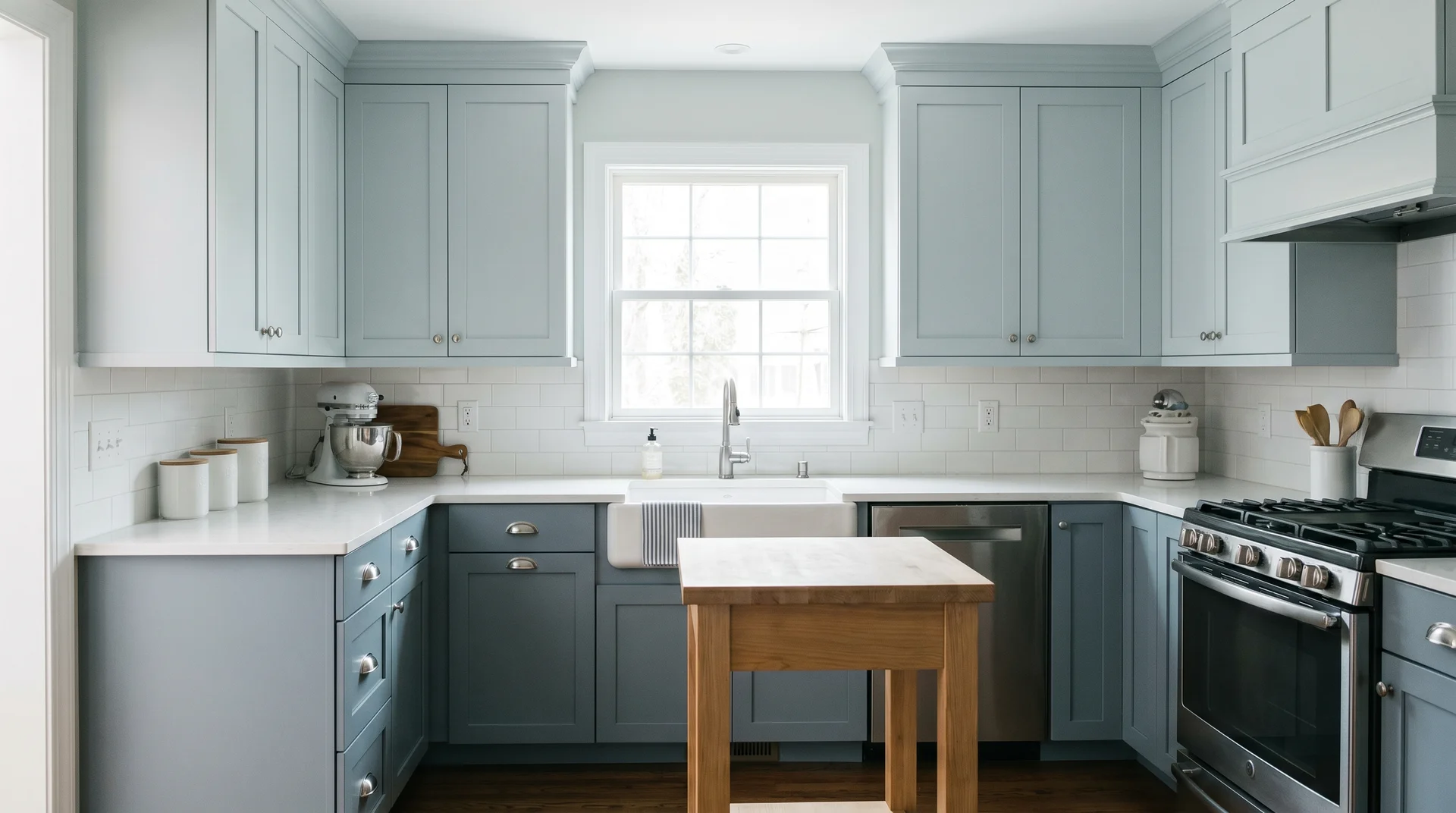 Tonal two tone kitchen with Silvermist light blue-gray upper cabinets and Dorian Gray deeper gray lowers for subtle contrast 
