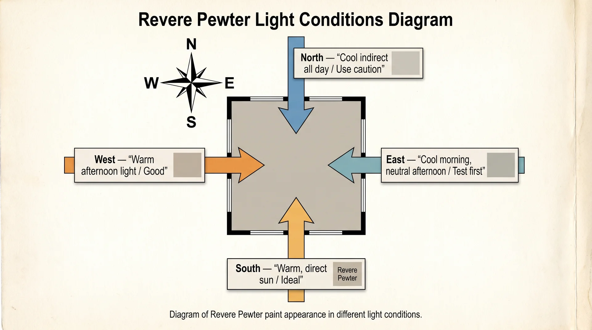 Top-down room orientation diagram showing how Revere Pewter reads differently based on compass direction and light quality