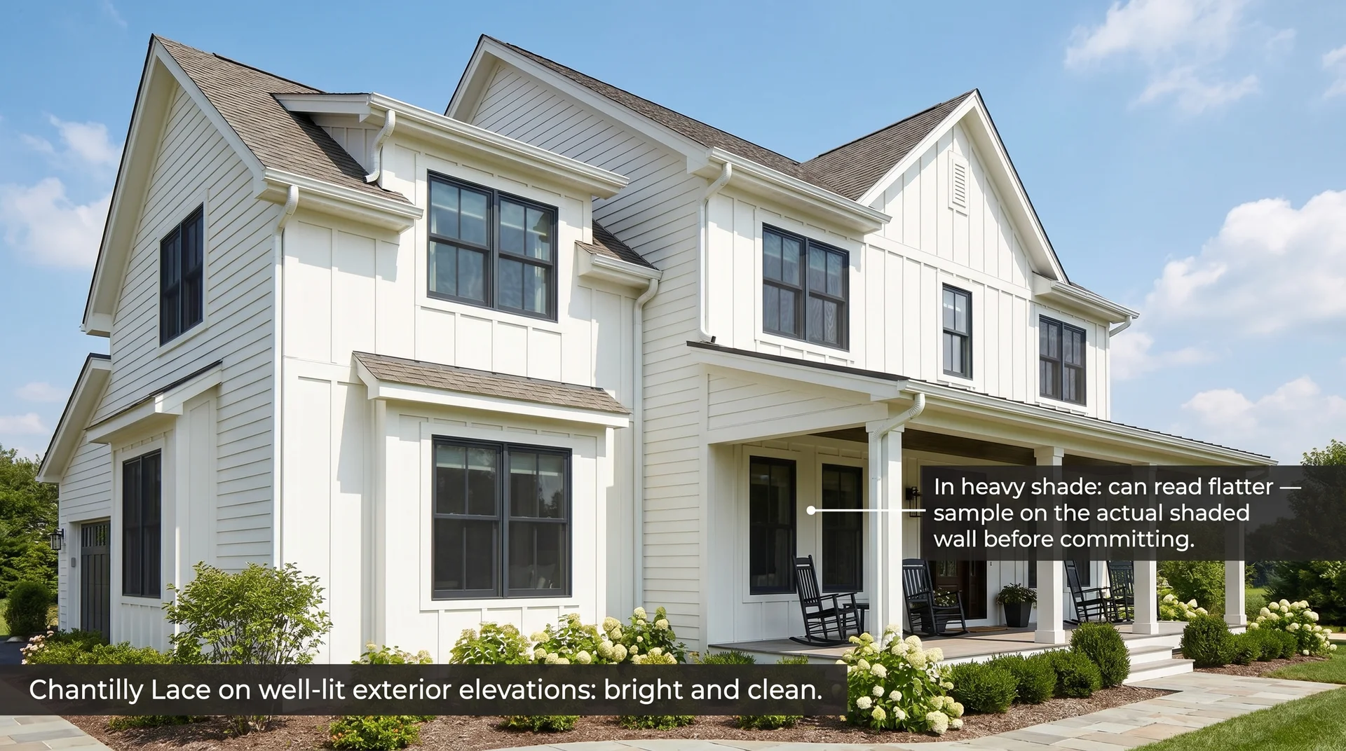 Traditional white home exterior painted in Chantilly Lace showing crisp color in full sun with annotation about shaded elevation behavior