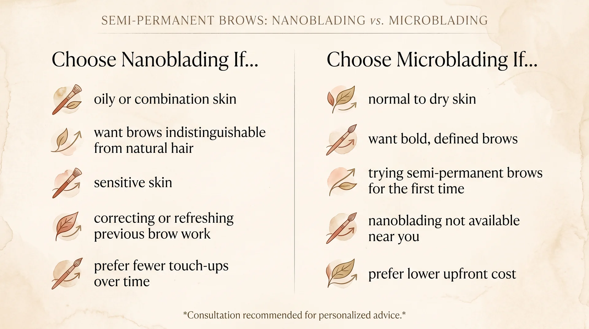 Two-column guide comparing who should choose nanoblading versus microblading based on skin type and desired result