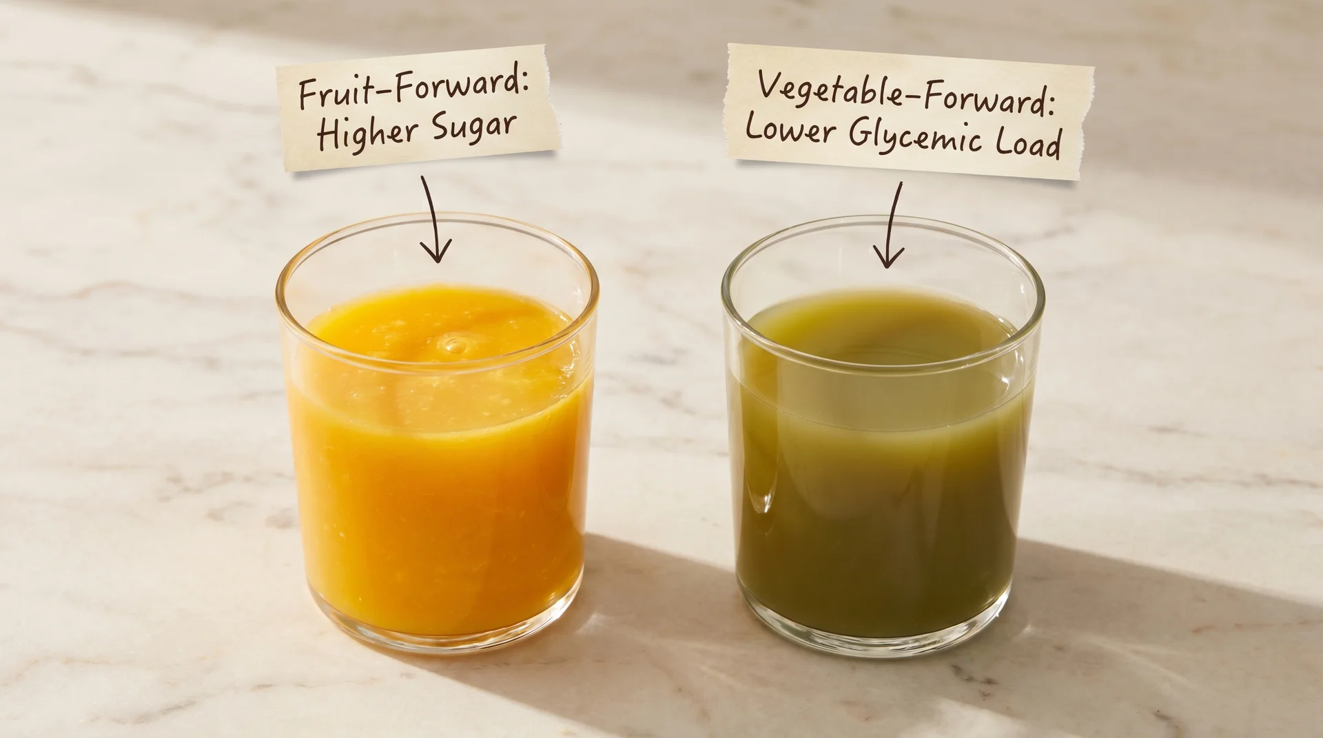Two juice glasses labeled fruit-forward versus vegetable-forward showing glycemic load difference for weight loss juicing 