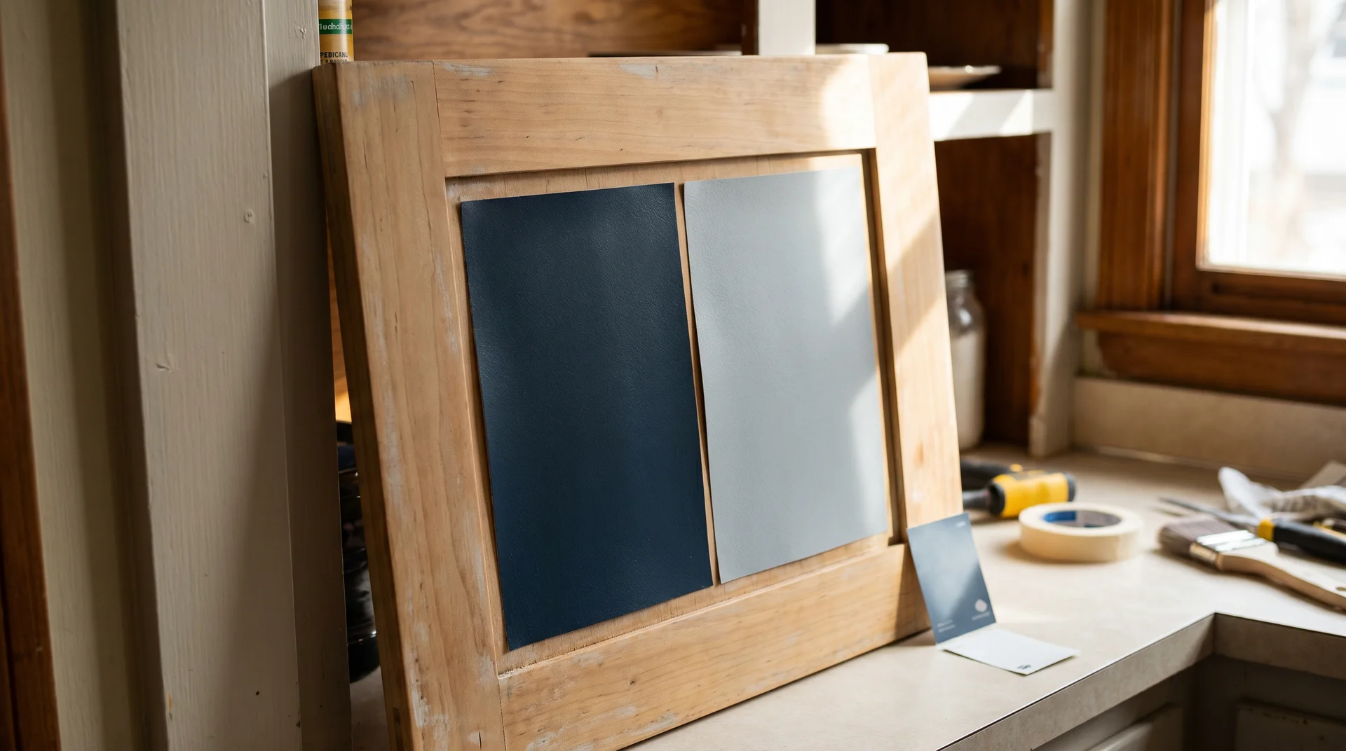 Two paint samples applied side by side on a kitchen cabinet door showing navy and soft gray tested together in natural light 