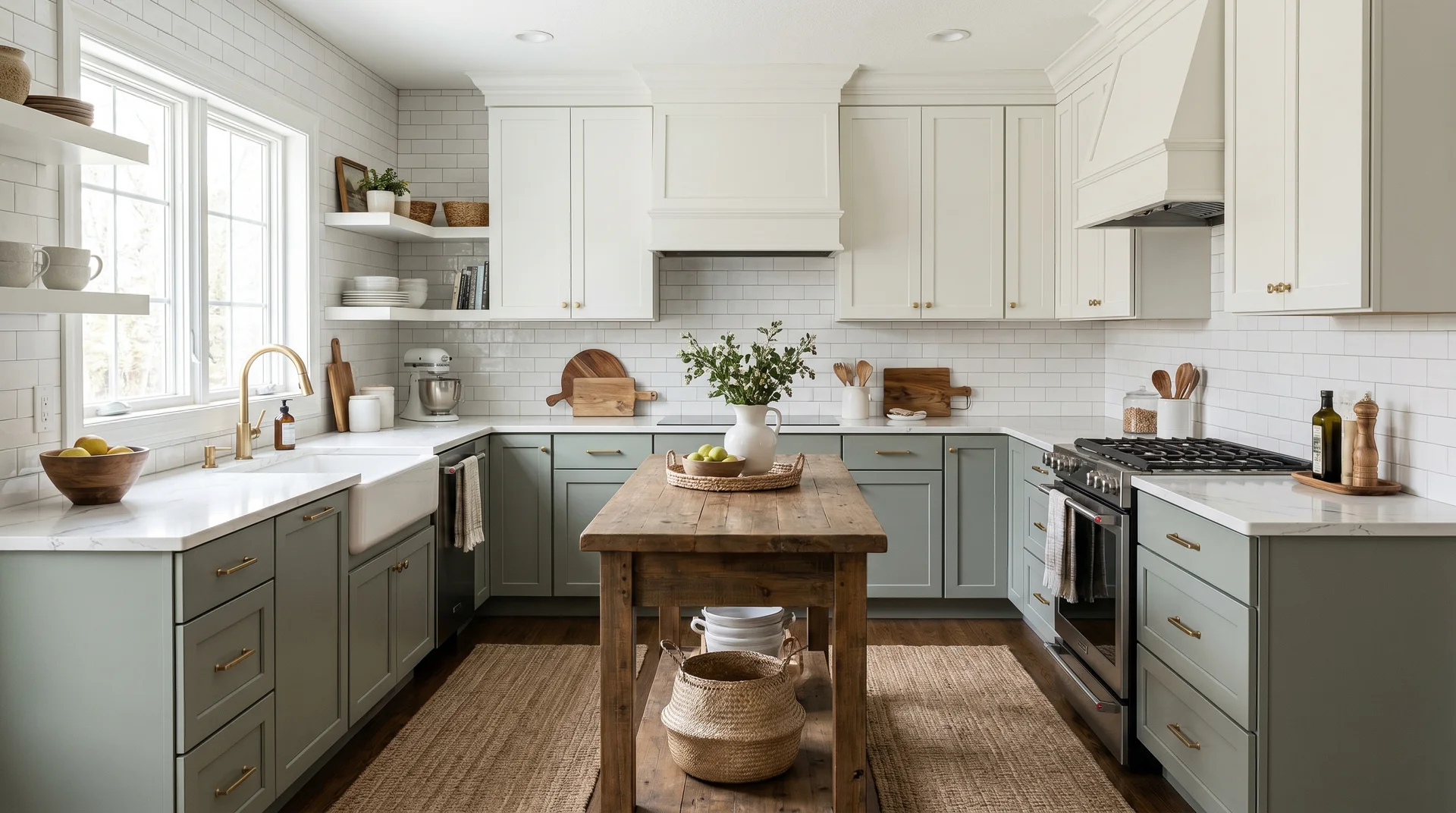 Two-tone kitchen with Evergreen Fog SW 9130 lower cabinets and Alabaster white upper cabinets with brass hardware
