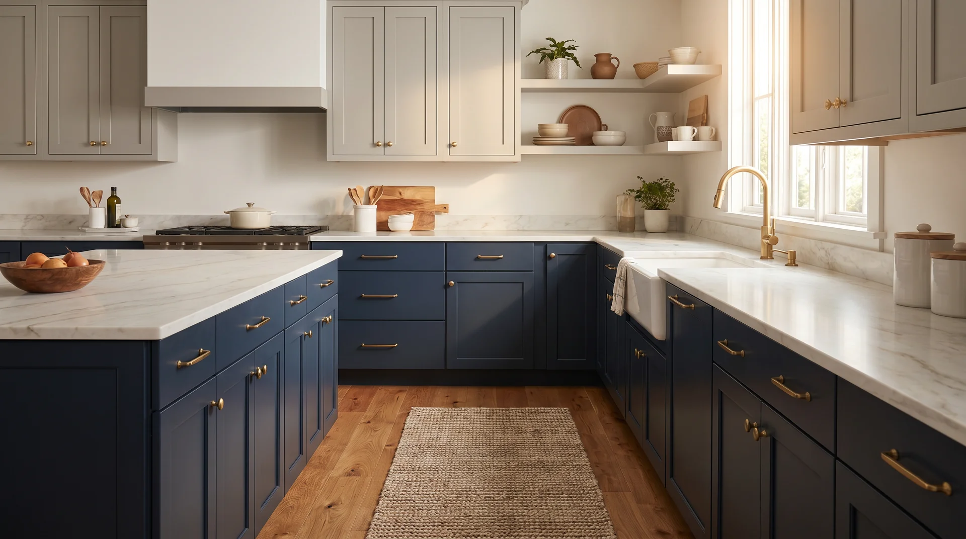 Two tone kitchen with Naval lower cabinets, warm Mindful Gray uppers, oak floors, and satin brass hardware 