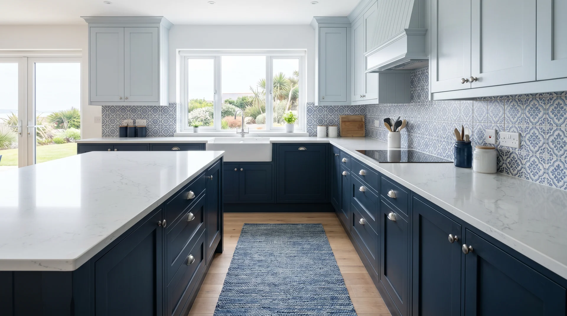 Two tone kitchen with Naval navy lower cabinets and pale Silvermist blue-gray upper cabinets keeping the entire palette in the blue family