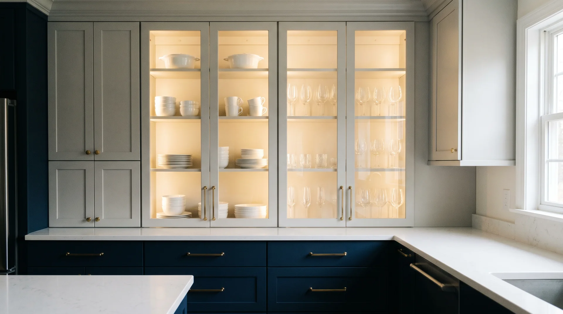 Two tone kitchen with navy lower cabinets and gray upper cabinets featuring glass-front doors showing displayed dishware inside 