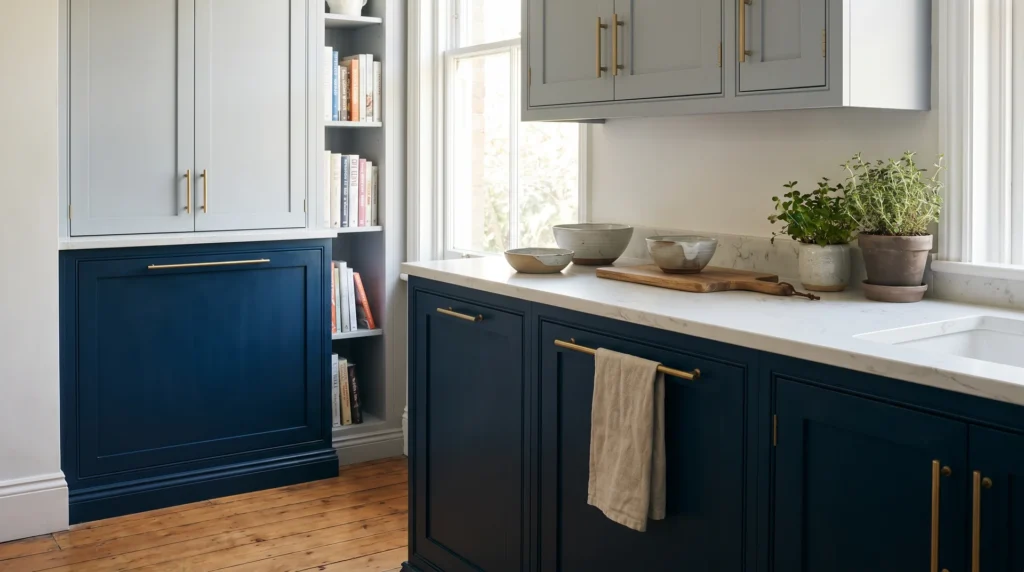 Two tone kitchen with navy lower cabinets and soft gray uppers, white quartz countertop, brass hardware in morning light