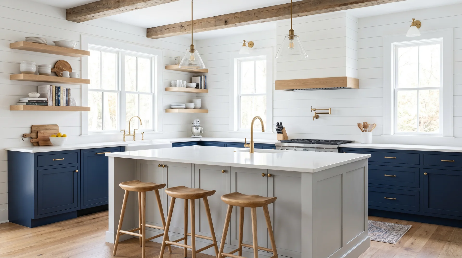 Two tone kitchen with navy lower cabinets and white shiplap upper wall replacing traditional upper cabinets, open oak shelving 