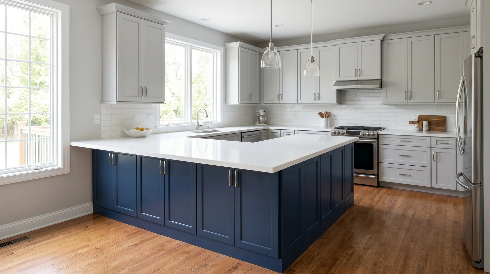 Two tone kitchen with navy peninsula cabinets and Repose Gray perimeter cabinets showing alternative to island placement
