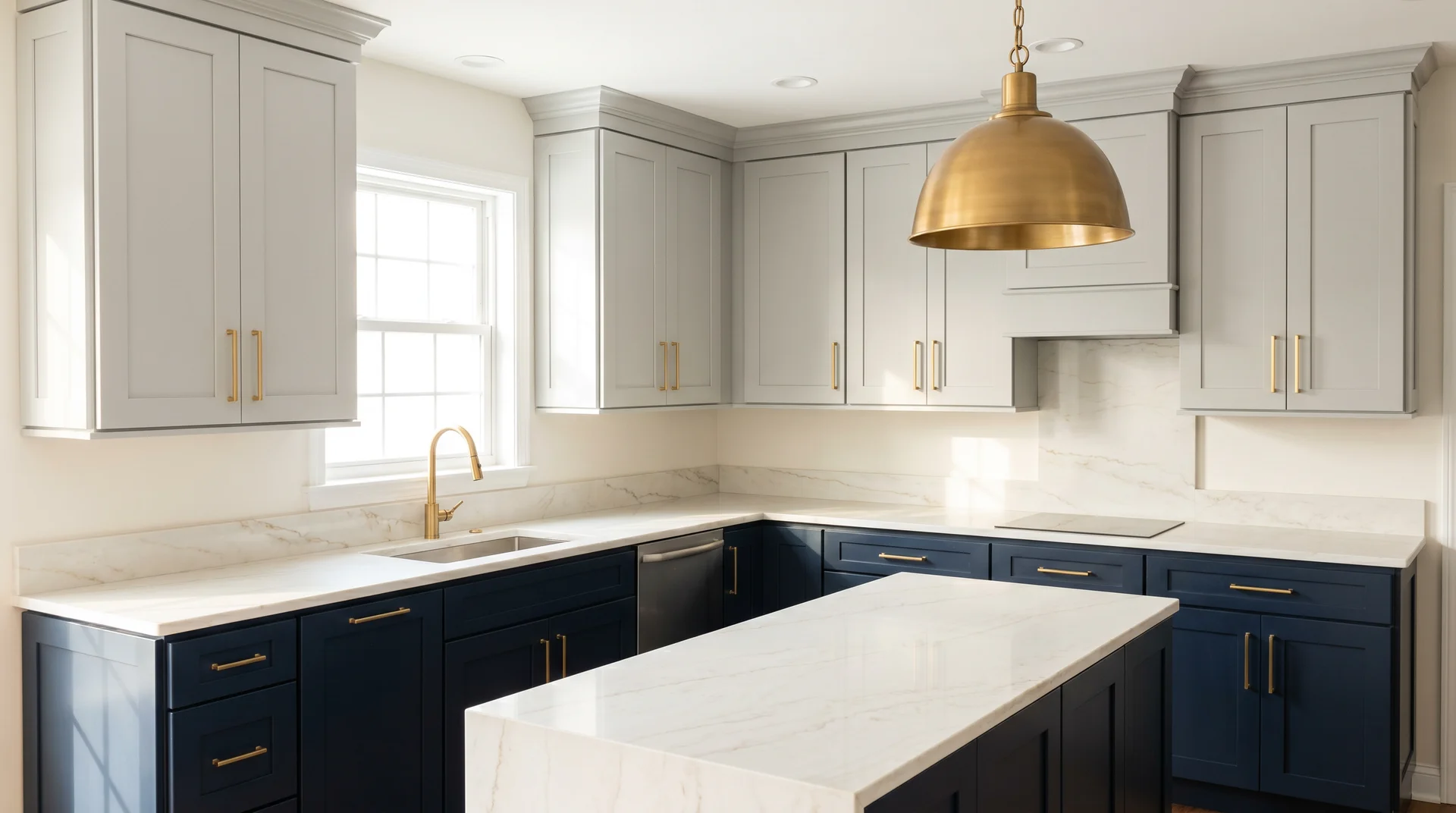 Two tone navy and gray kitchen with Naval lower cabinets, Mindful Gray uppers, and satin brass hardware as the unifying element