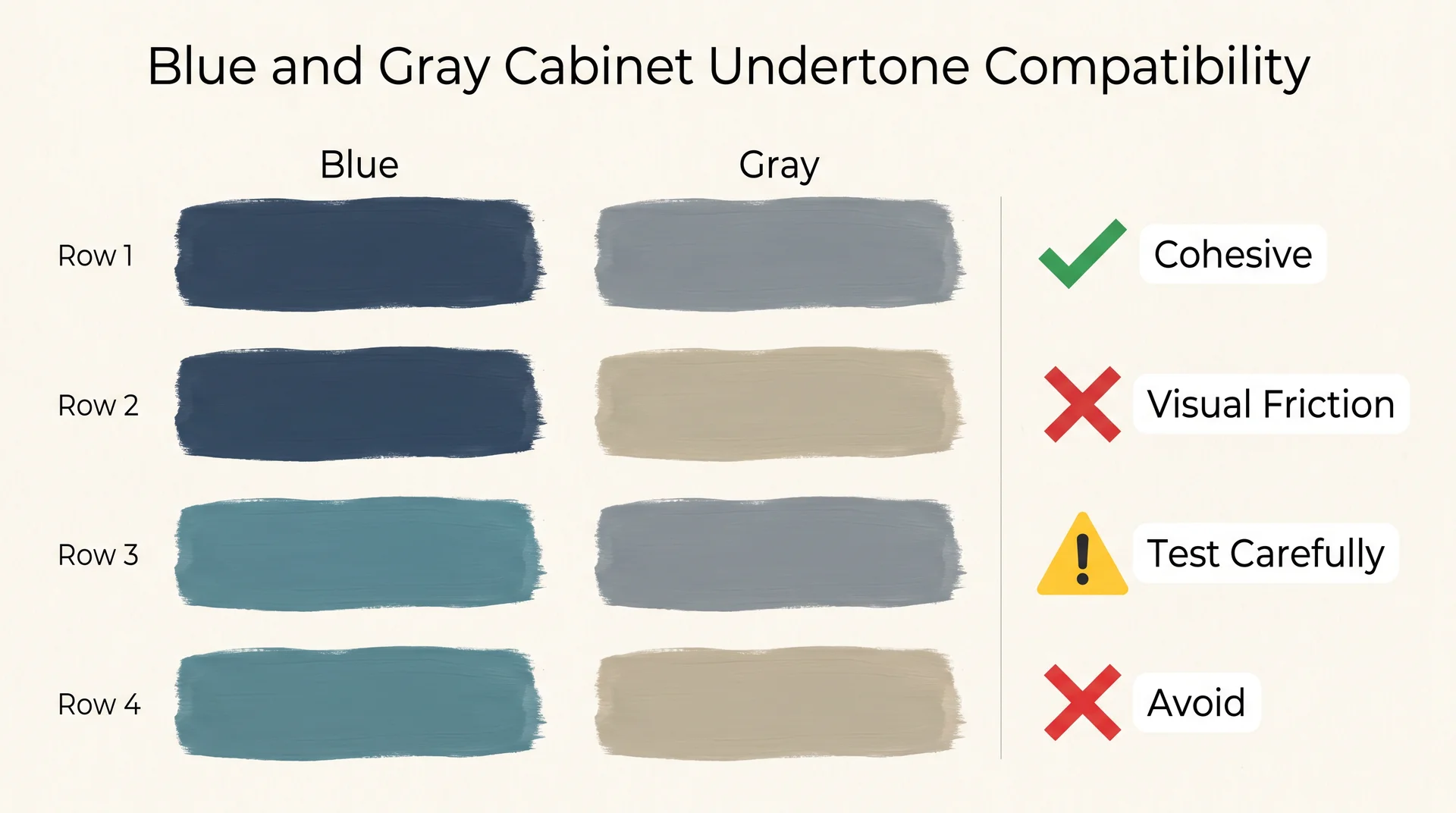 Undertone compatibility chart showing which blue and gray cabinet pairings work and which clash 