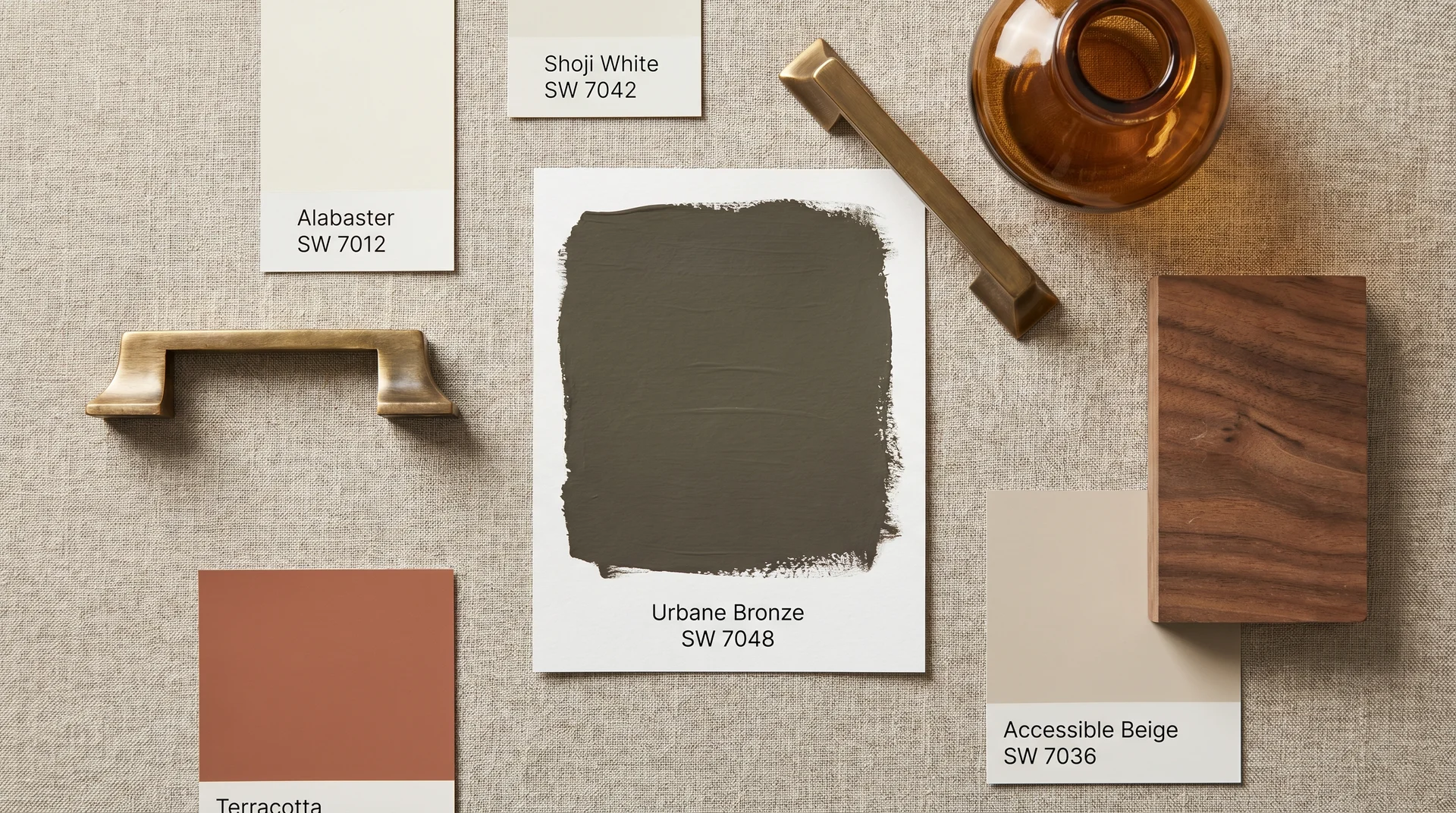 Urbane Bronze complementary colors with Alabaster, Shoji White, and terracotta