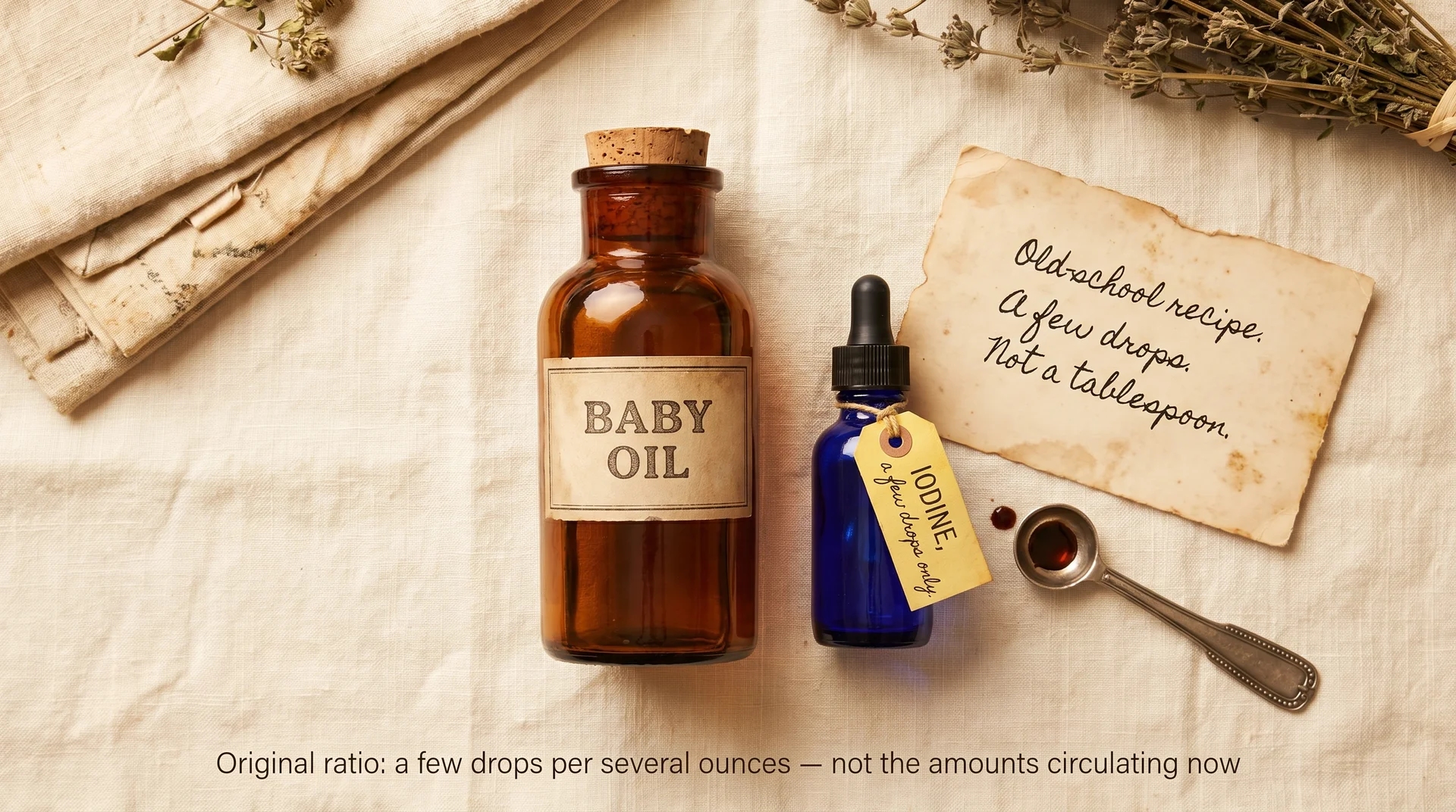 Vintage-style flat lay of baby oil bottle and iodine dropper with caption showing original historical ratio