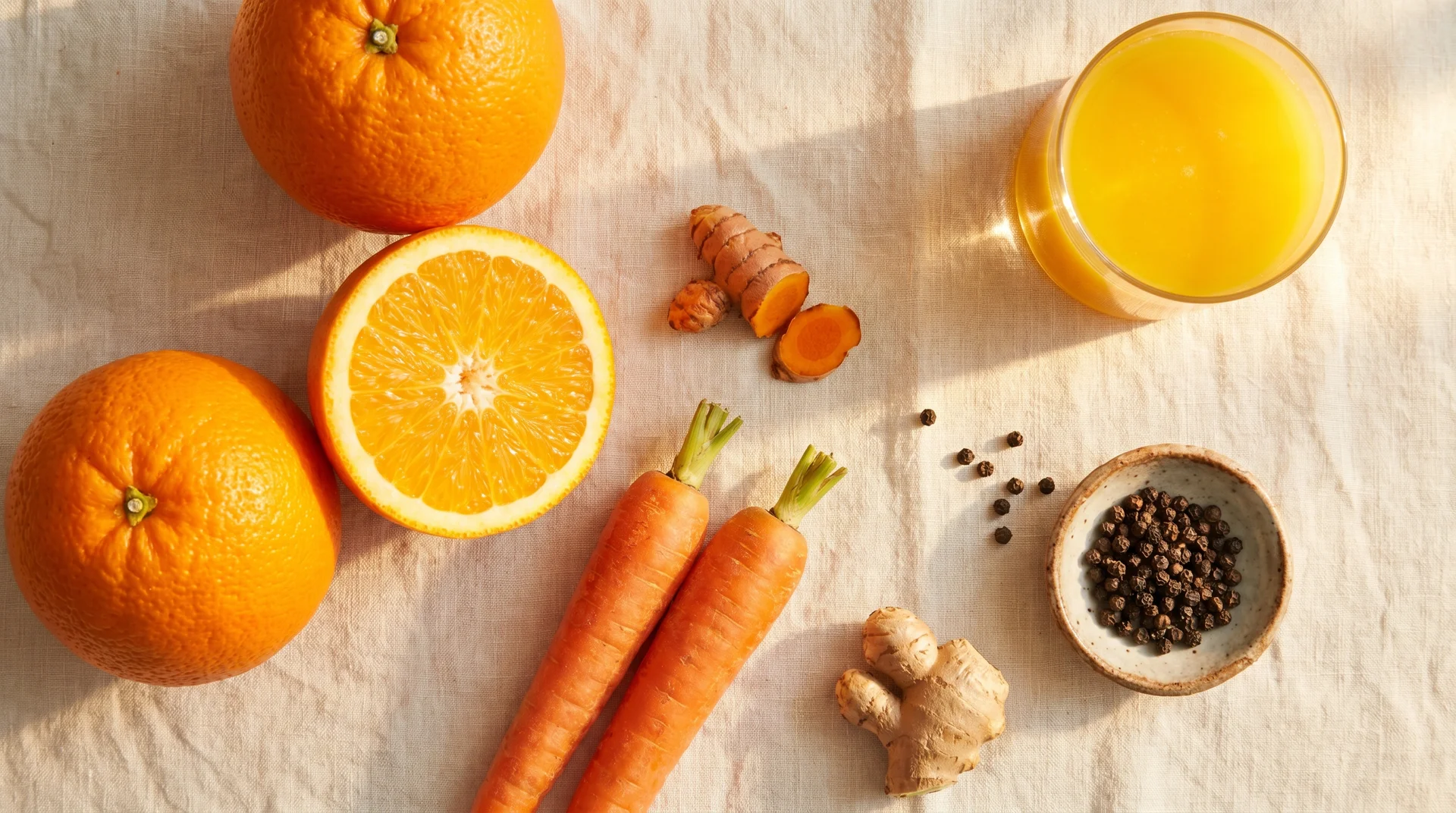Vitamin C morning boost juice ingredients with orange halves, carrots, turmeric and ginger on cream linen in warm morning light