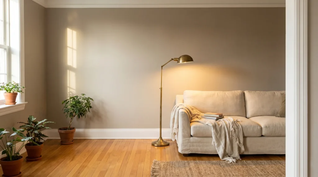 Warm greige living room with honey oak floors and linen sofa showing Revere Pewter in afternoon south-facing light