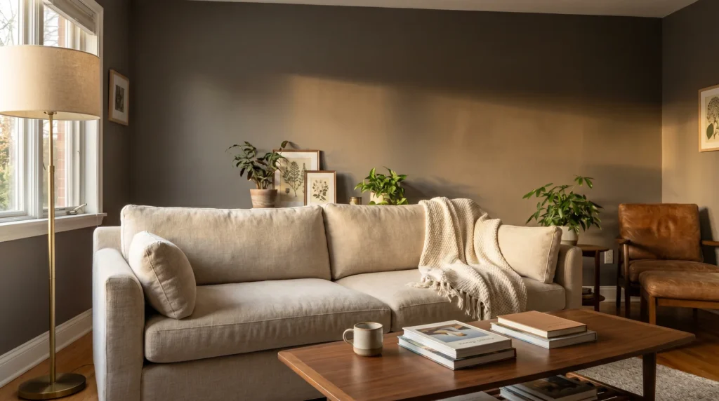 Warm living room painted Sherwin-Williams Mink SW 6004 with linen sofa and walnut furniture in afternoon light