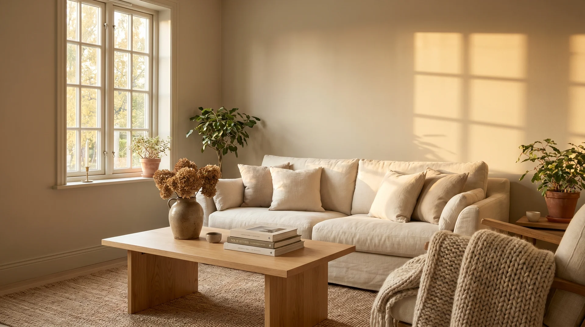 Warm living room with Accessible Beige paint walls, linen sofa, and oak coffee table in afternoon light