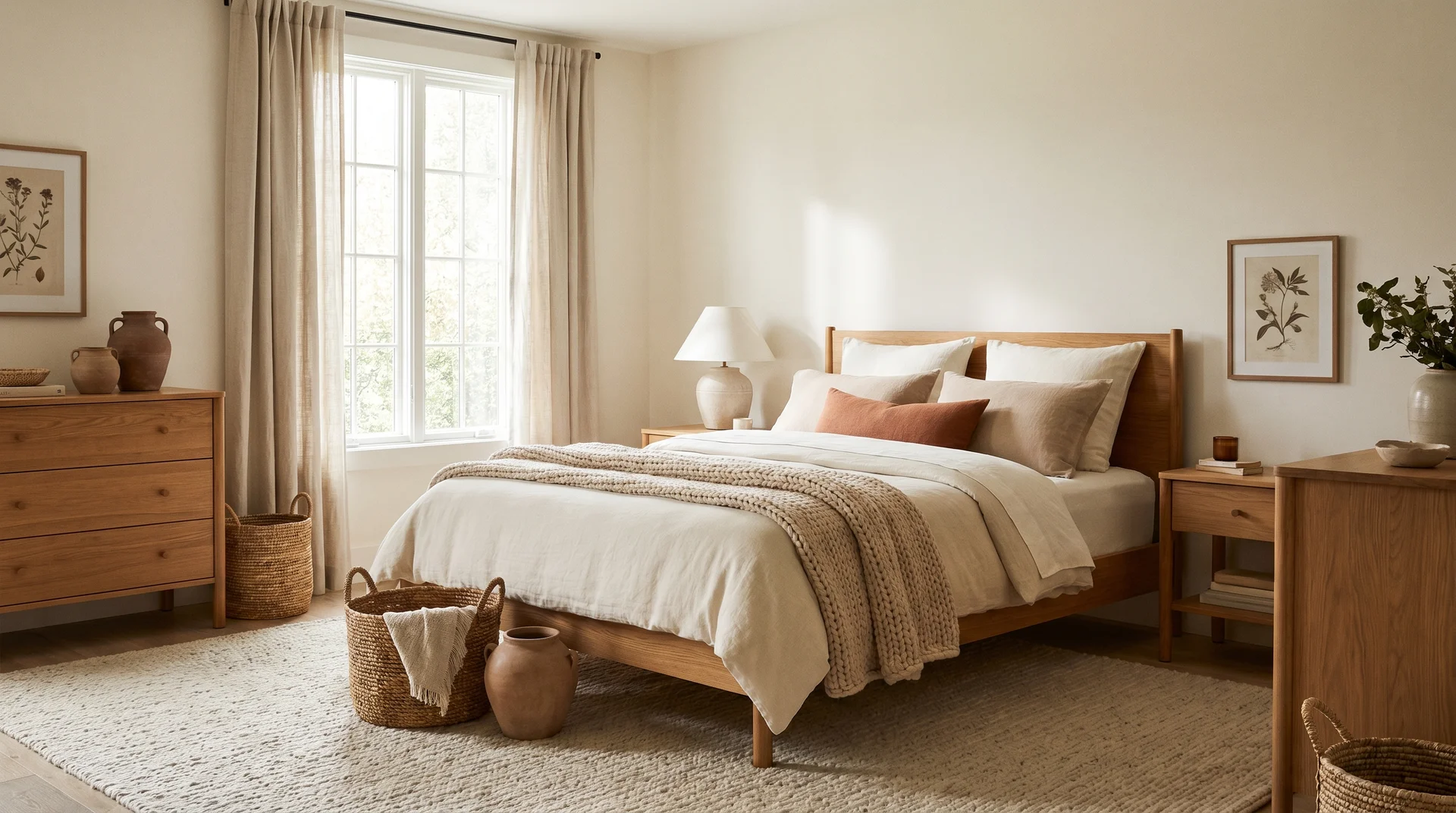 Warm off-white bedroom with wood furniture and layered neutral bedding