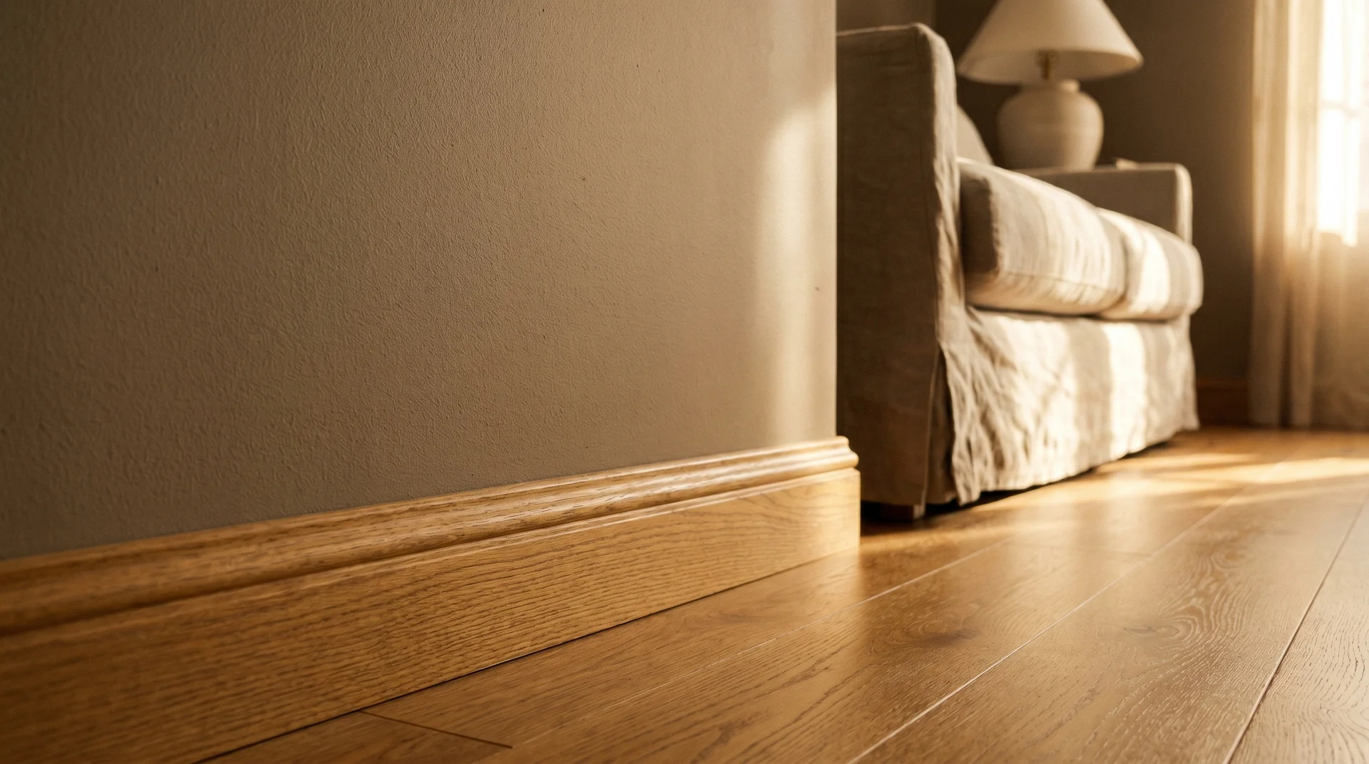 Warm taupe wall meeting honey oak hardwood floor showing undertone harmony in a naturally lit living room