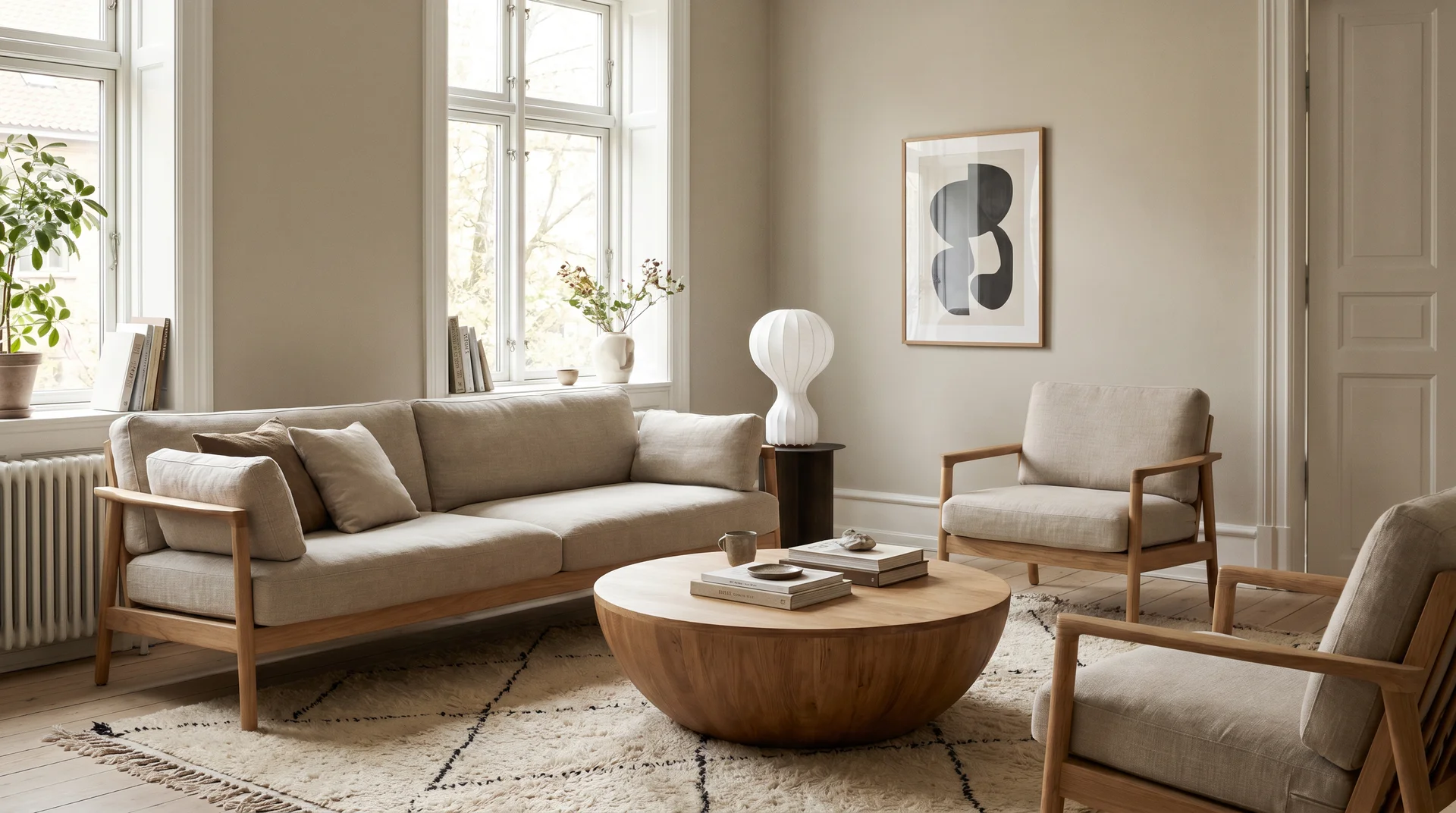 Warm timeless bedroom with Pale Oak walls in natural light showing the color's enduring appeal in a livable interior

