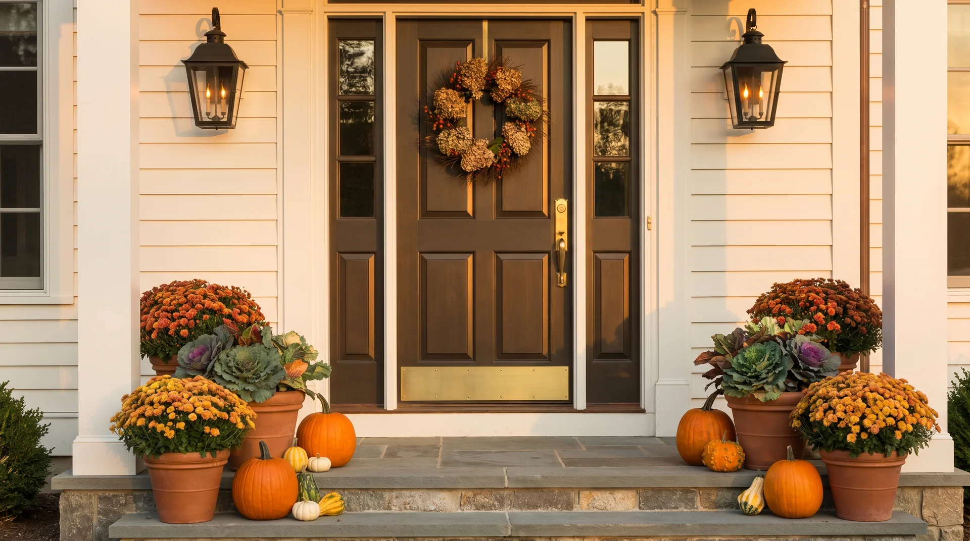 Warm white house with an Urbane Bronze front door