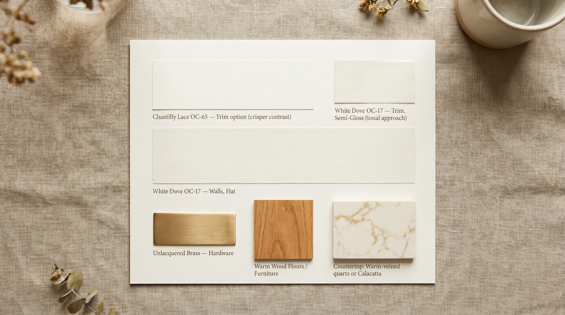 White Dove OC-17 color palette card showing trim, hardware, flooring, and countertop pairings 