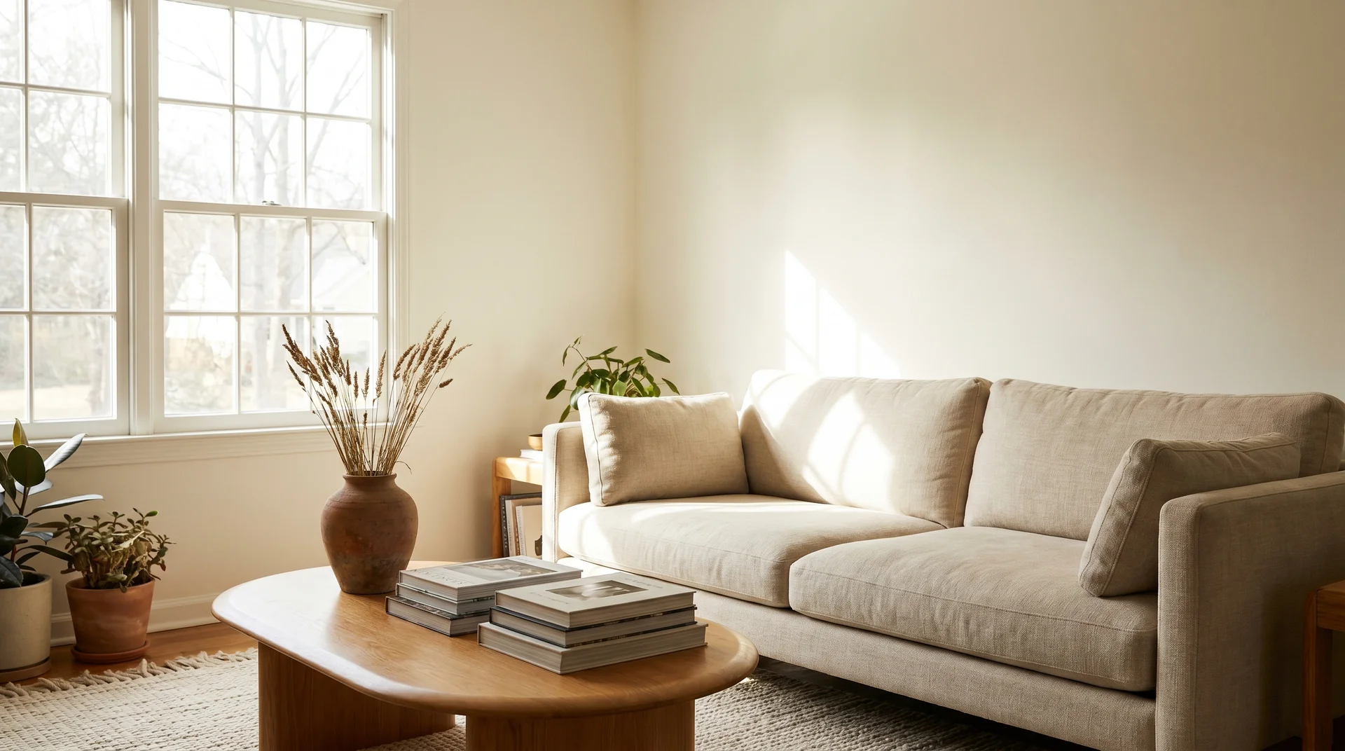 White Dove OC-17 walls in a bright south-facing living room with linen sofa and warm wood tones in natural midday light 
